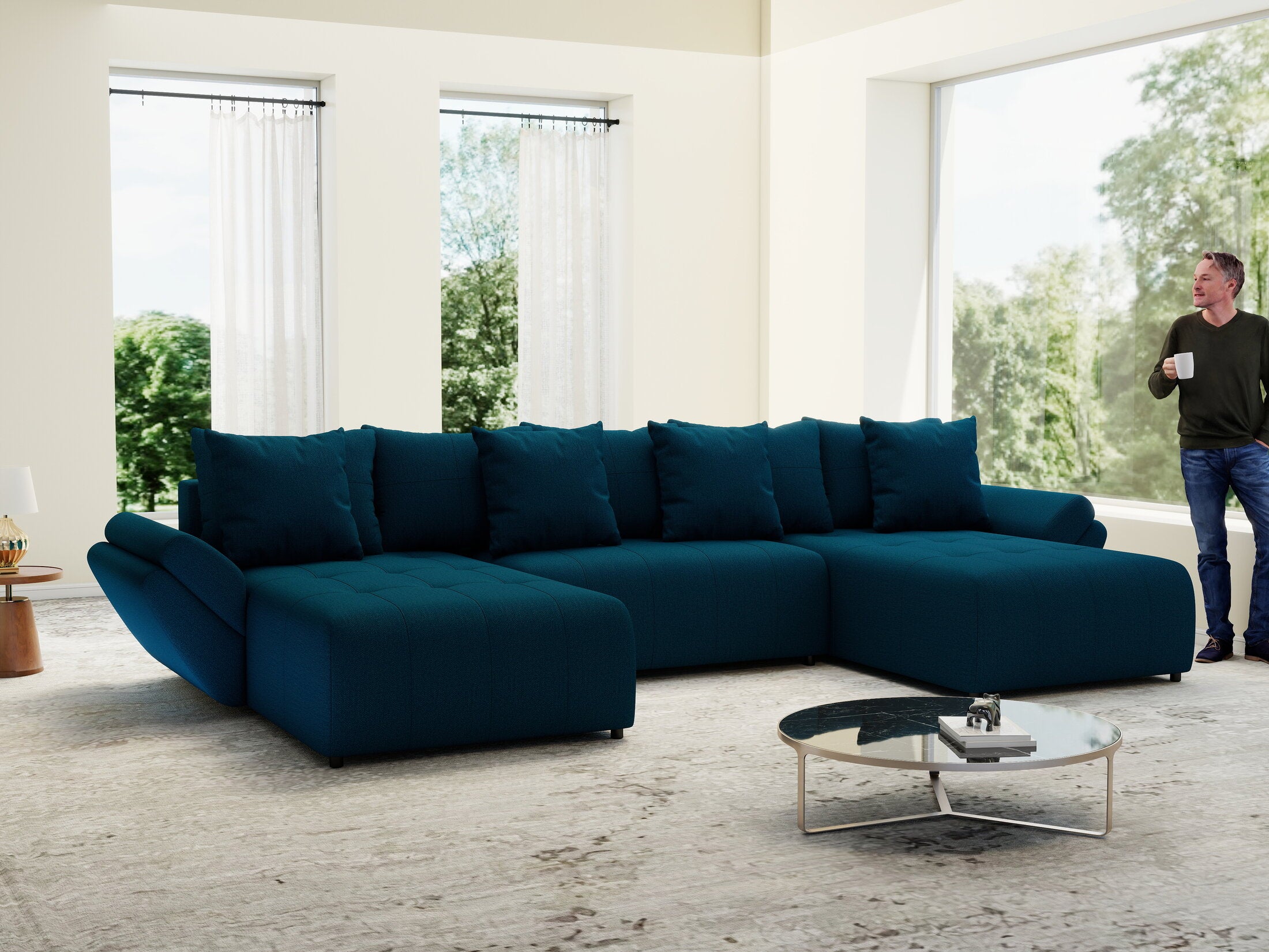 Colțar extensibil dumonde cu ladă de depozitare si sezut confortabil din spuma HR, Berlin U Enjoy Verde Petrol 380x180 cm