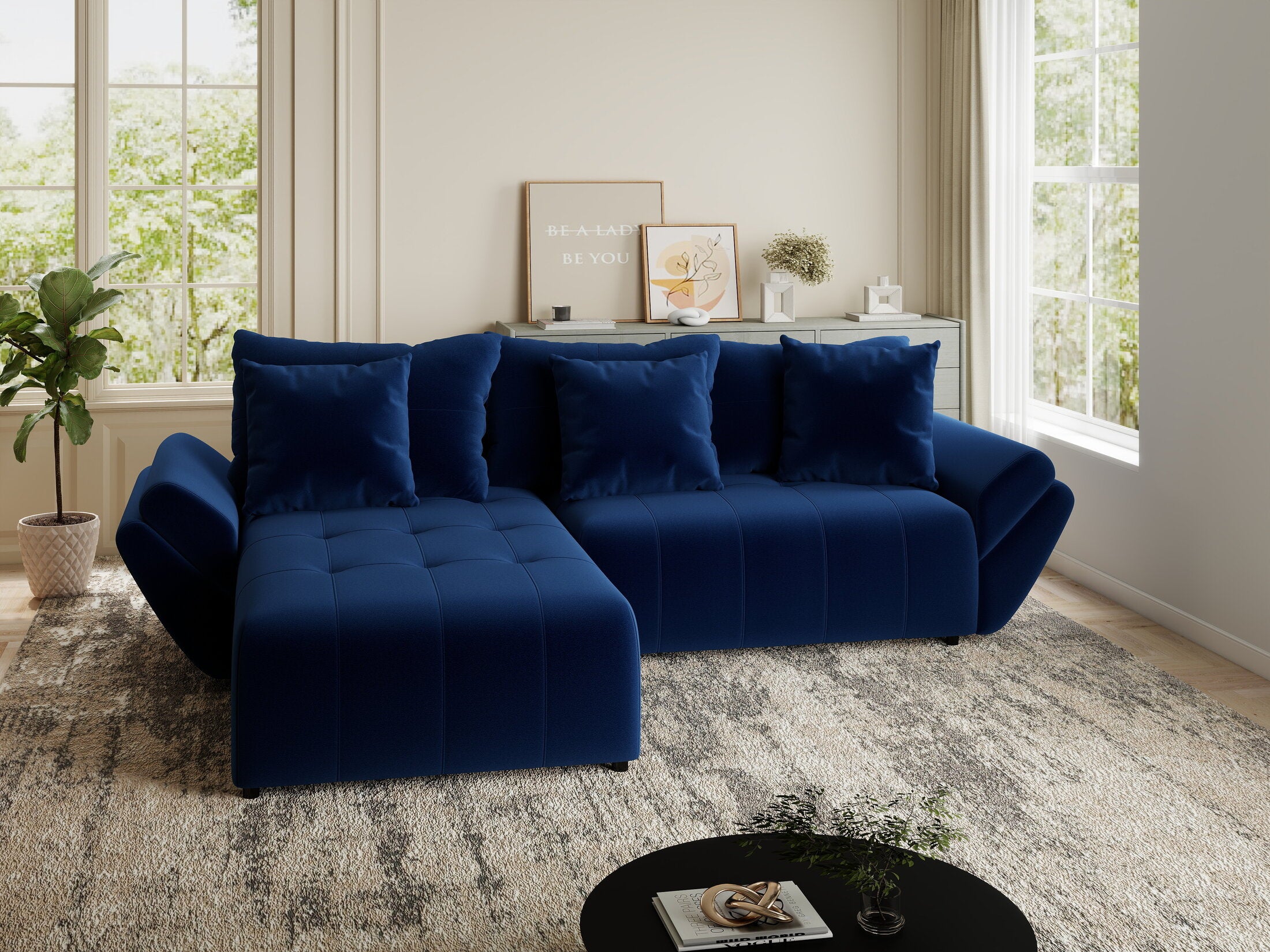 Colțar extensibil dumonde cu ladă de depozitare si sezut confortabil din spuma HR, Berlin Royal Albastru Navy 280x185 cm