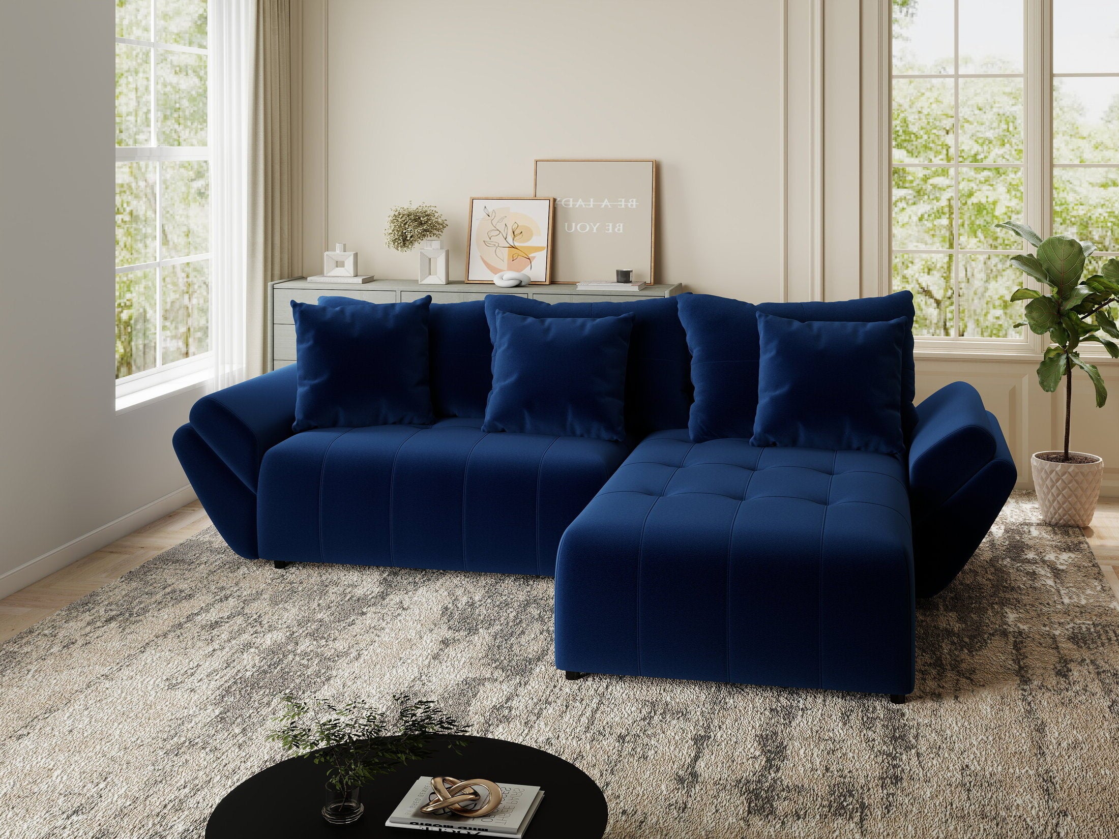 Colțar extensibil dumonde cu ladă de depozitare si sezut confortabil din spuma HR, Berlin Royal Albastru Navy 280x185 cm II