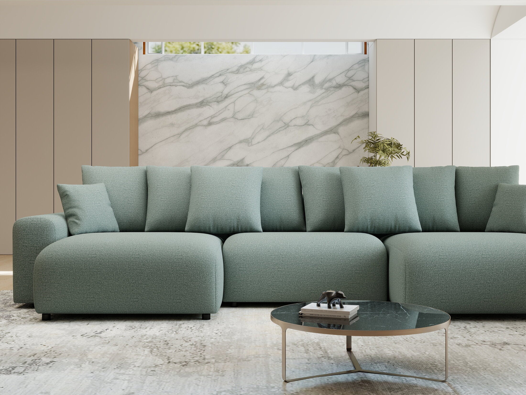 Colțar extensibil dumonde cu ladă de depozitare si sezut confortabil din spuma HR, Luma U Enjoy Verde Mint 336x140 cm