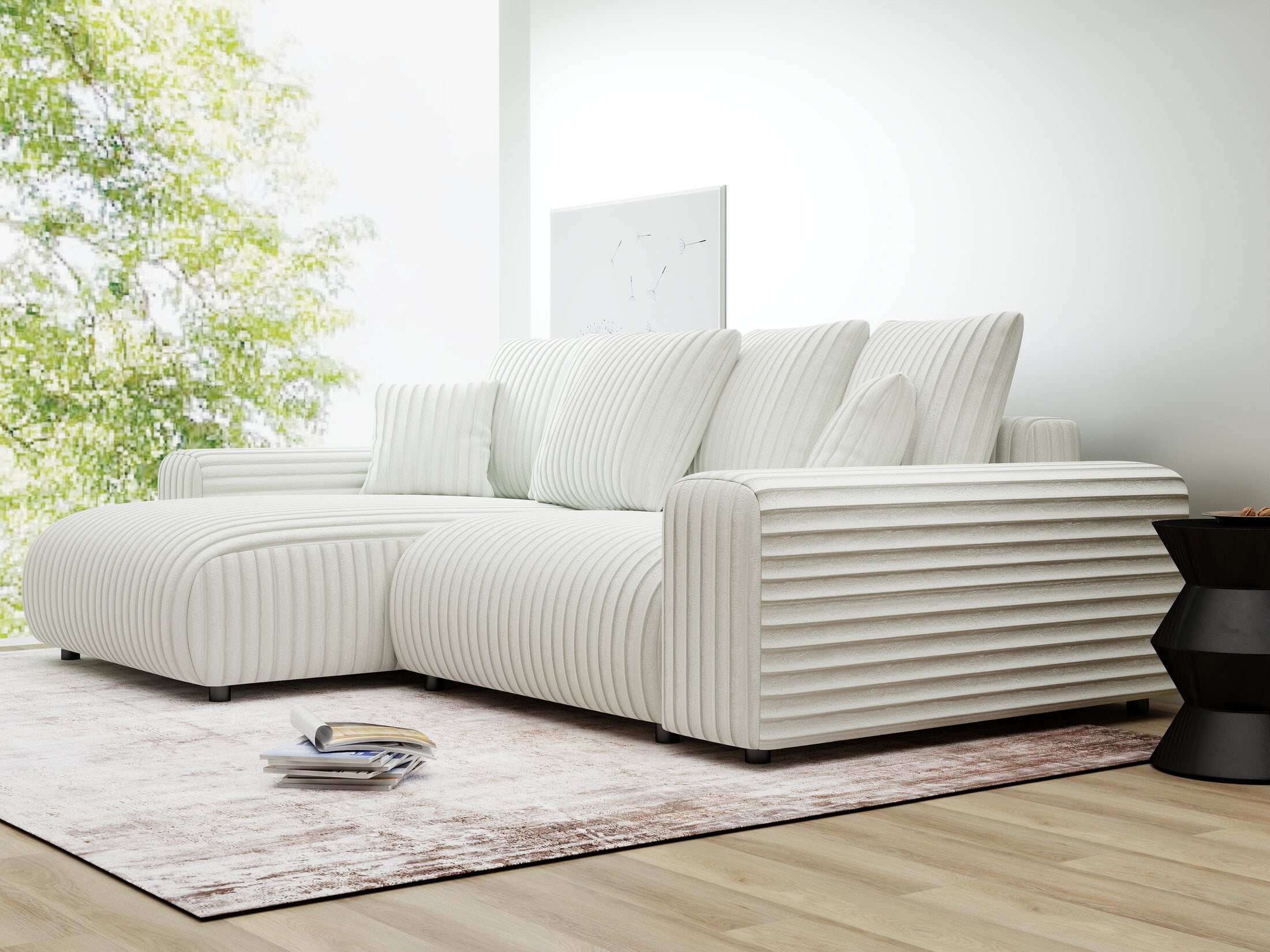 Colțar extensibil dumonde cu ladă de depozitare și șezut confortabil din spumă HR, Luma Ambience Alb 255x168 cm