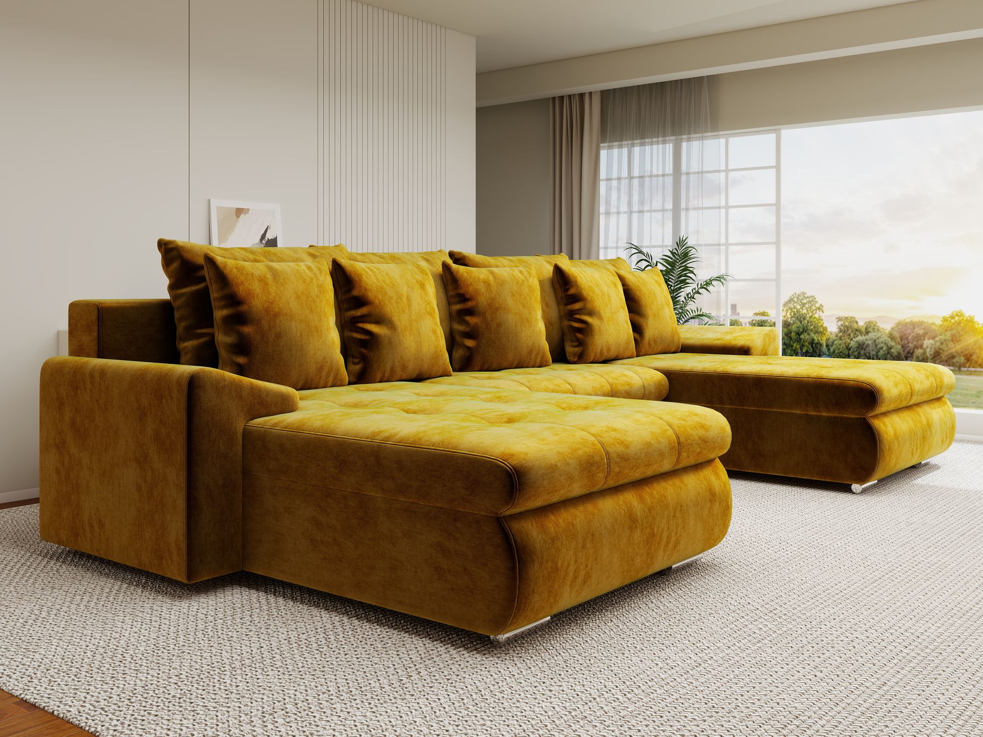 Colțar extensibil dumonde cu ladă de depozitare si sezut confortabil din spuma high-density, Leonardo U Monolith Mustar 48 360x185 cm