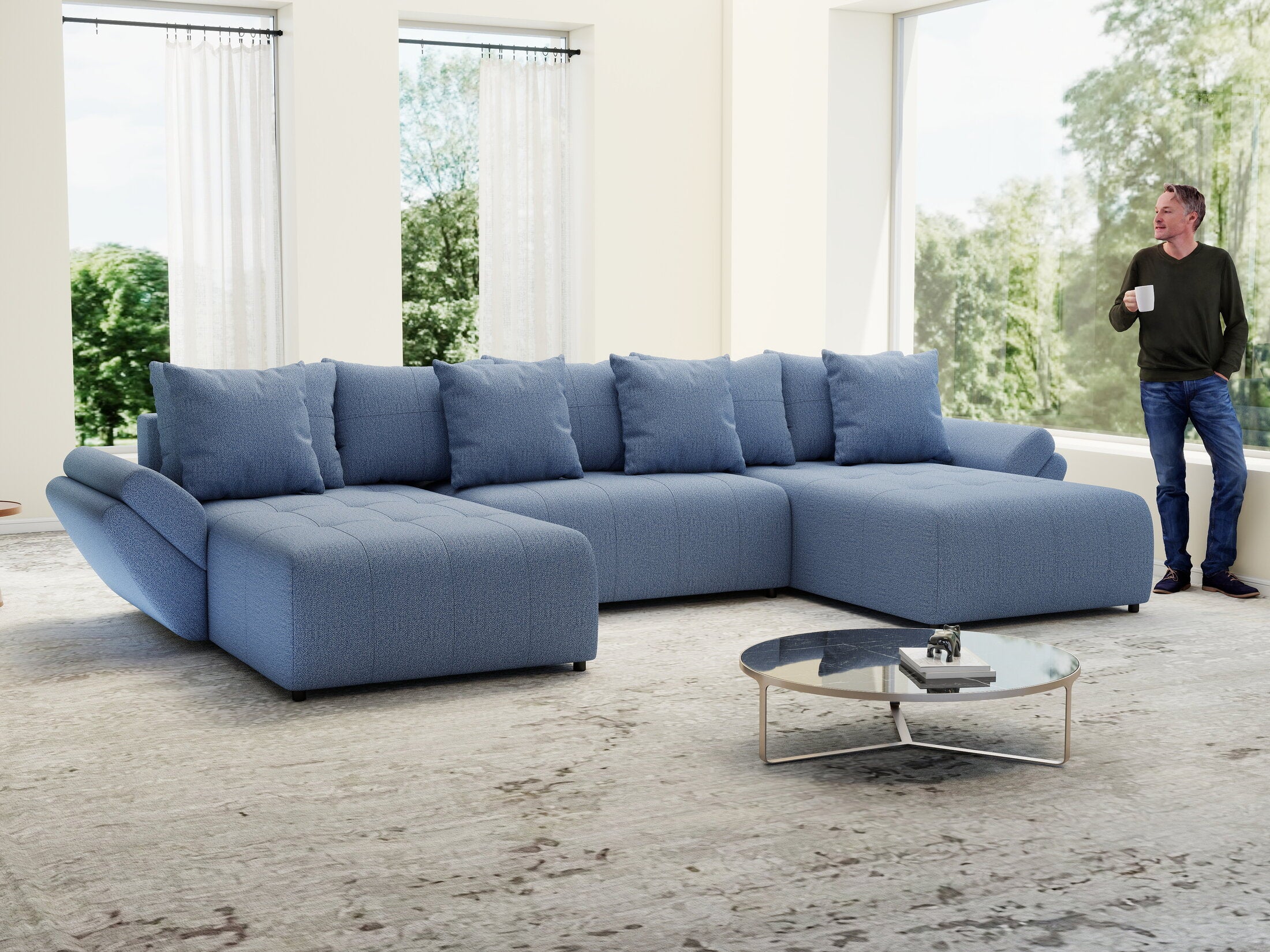Colțar extensibil dumonde cu ladă de depozitare Berlin U Enjoy Blue 400x185 cm
