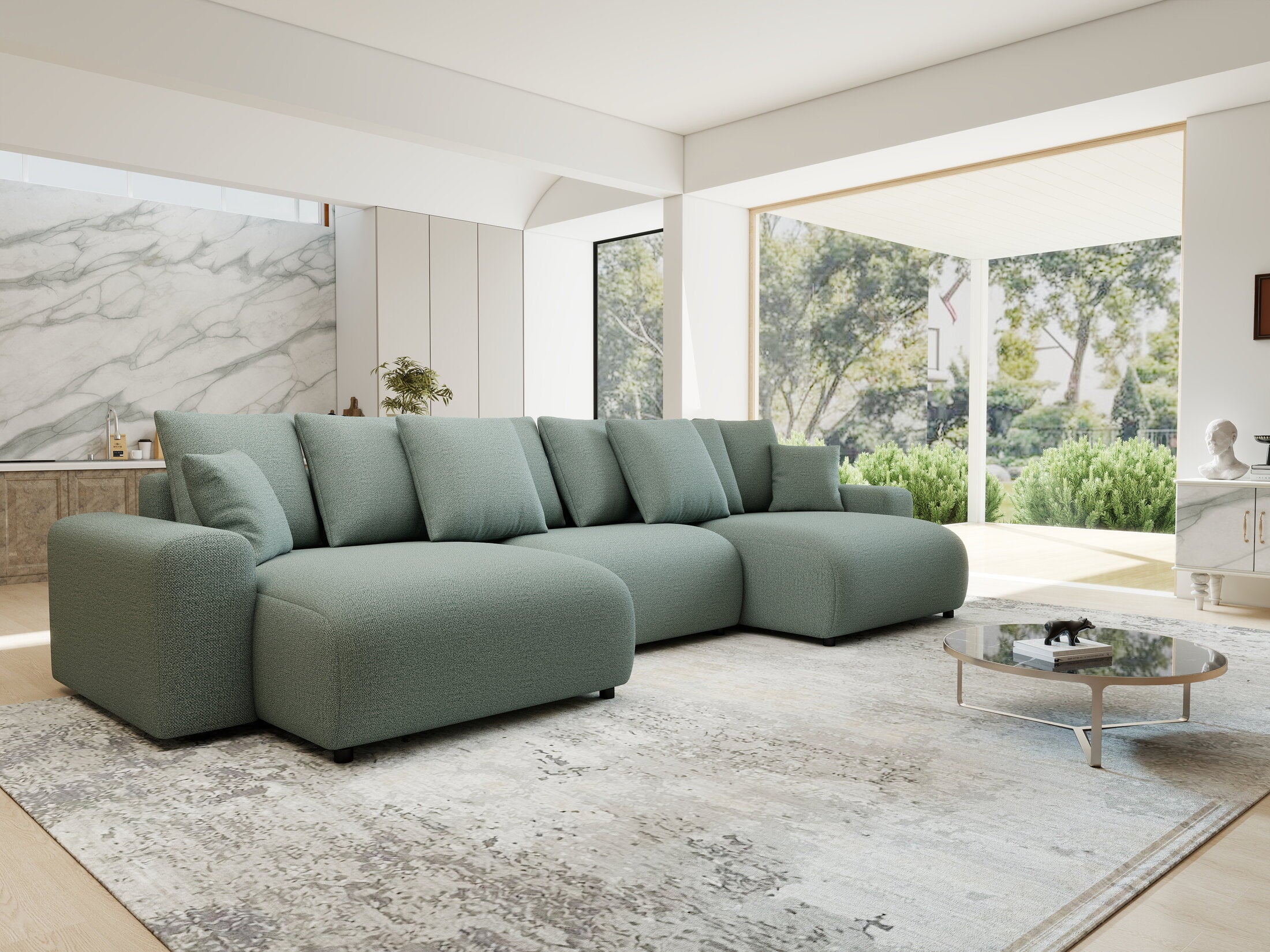 Colțar extensibil dumonde cu ladă de depozitare si sezut confortabil din spuma HR, Luma U Enjoy Verde Mint 336x140 cm