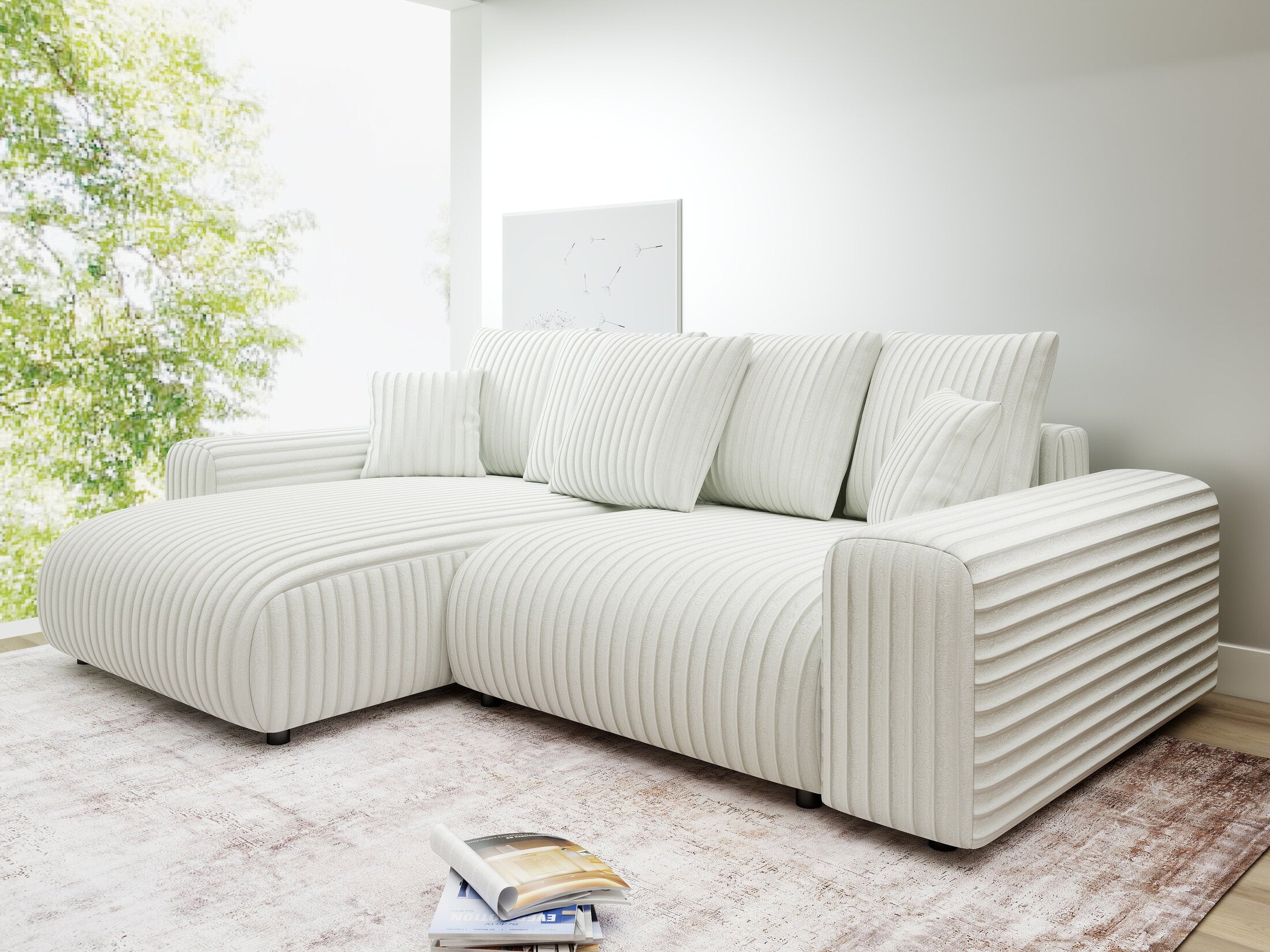 Colțar extensibil dumonde cu ladă de depozitare și șezut confortabil din spumă HR, Luma Ambience Alb 255x168 cm