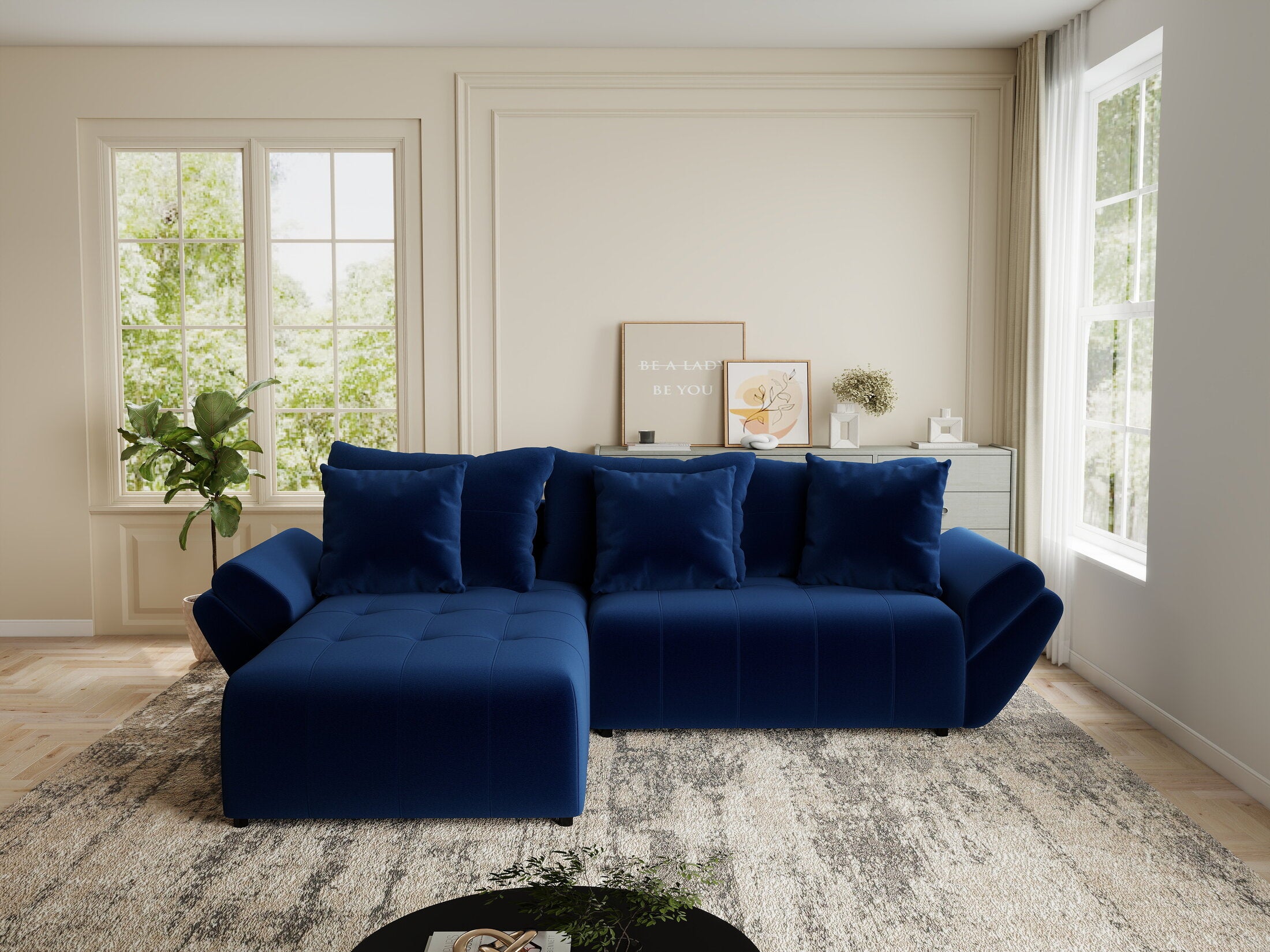 Colțar extensibil dumonde cu ladă de depozitare si sezut confortabil din spuma HR, Berlin Royal Albastru Navy 280x185 cm