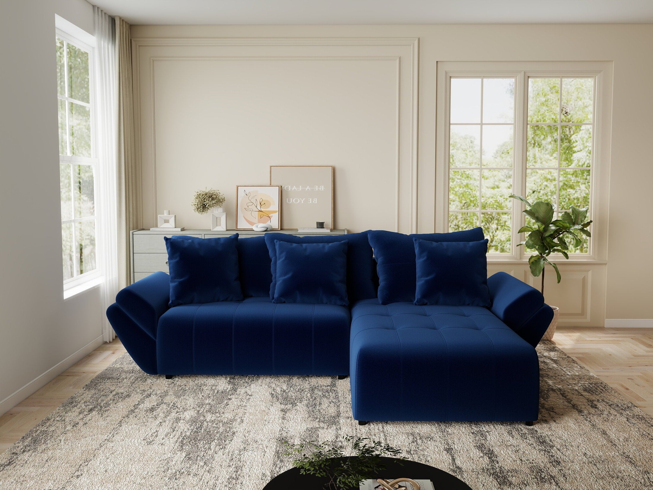 Colțar extensibil dumonde cu ladă de depozitare si sezut confortabil din spuma HR, Berlin Royal Albastru Navy 280x185 cm II