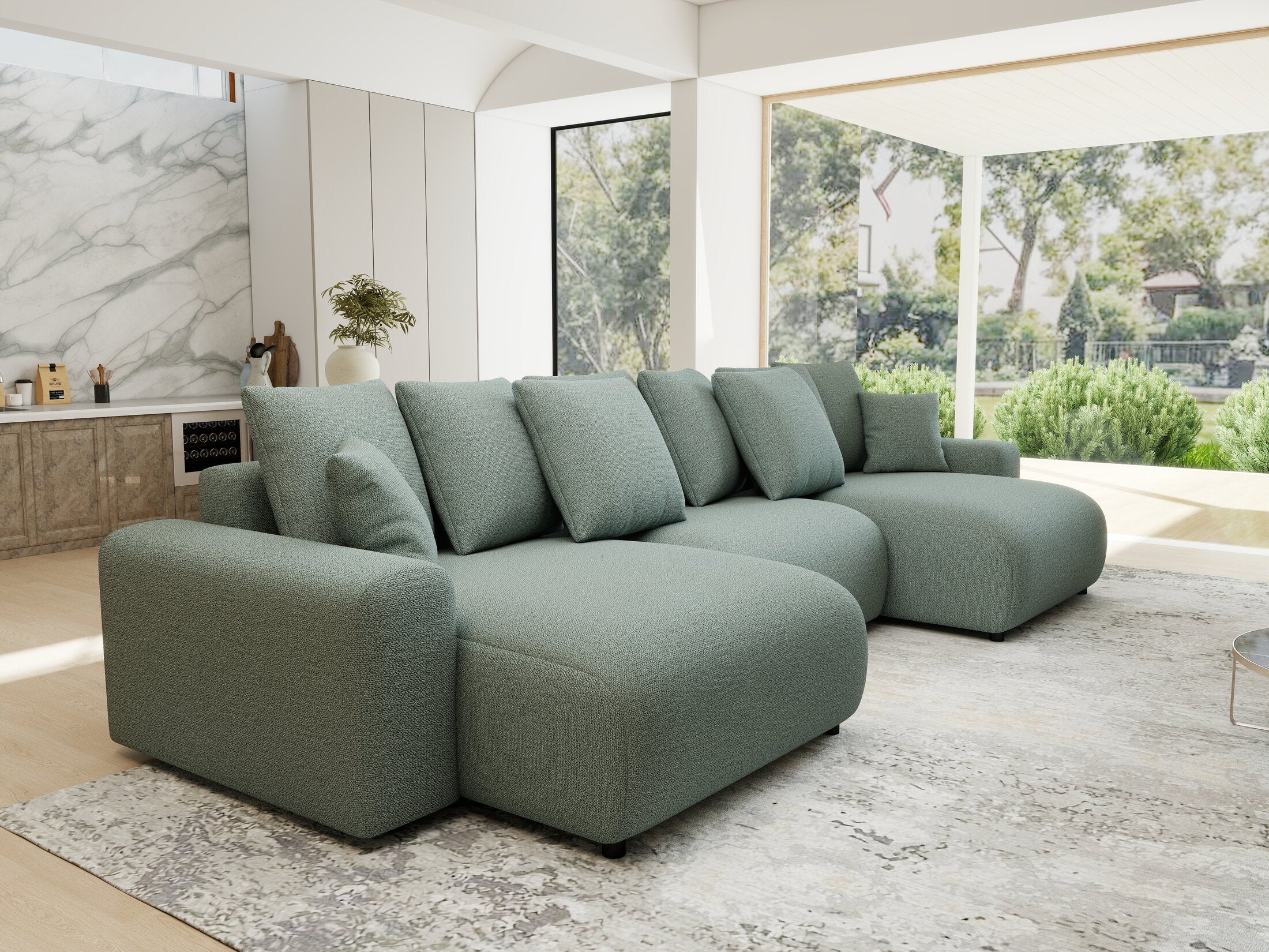 Colțar extensibil dumonde cu ladă de depozitare si sezut confortabil din spuma HR, Luma U Enjoy Verde Mint 336x140 cm