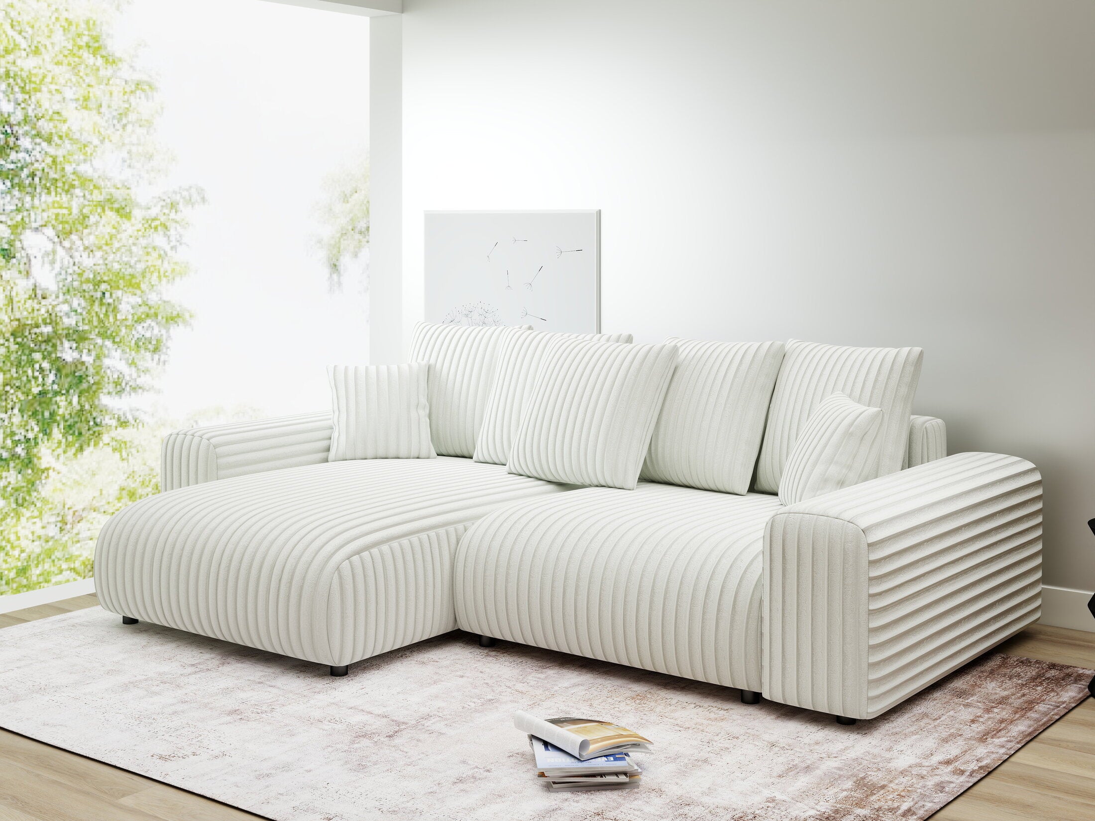 Colțar extensibil dumonde cu ladă de depozitare și șezut confortabil din spumă HR, Luma Ambience Alb 255x168 cm