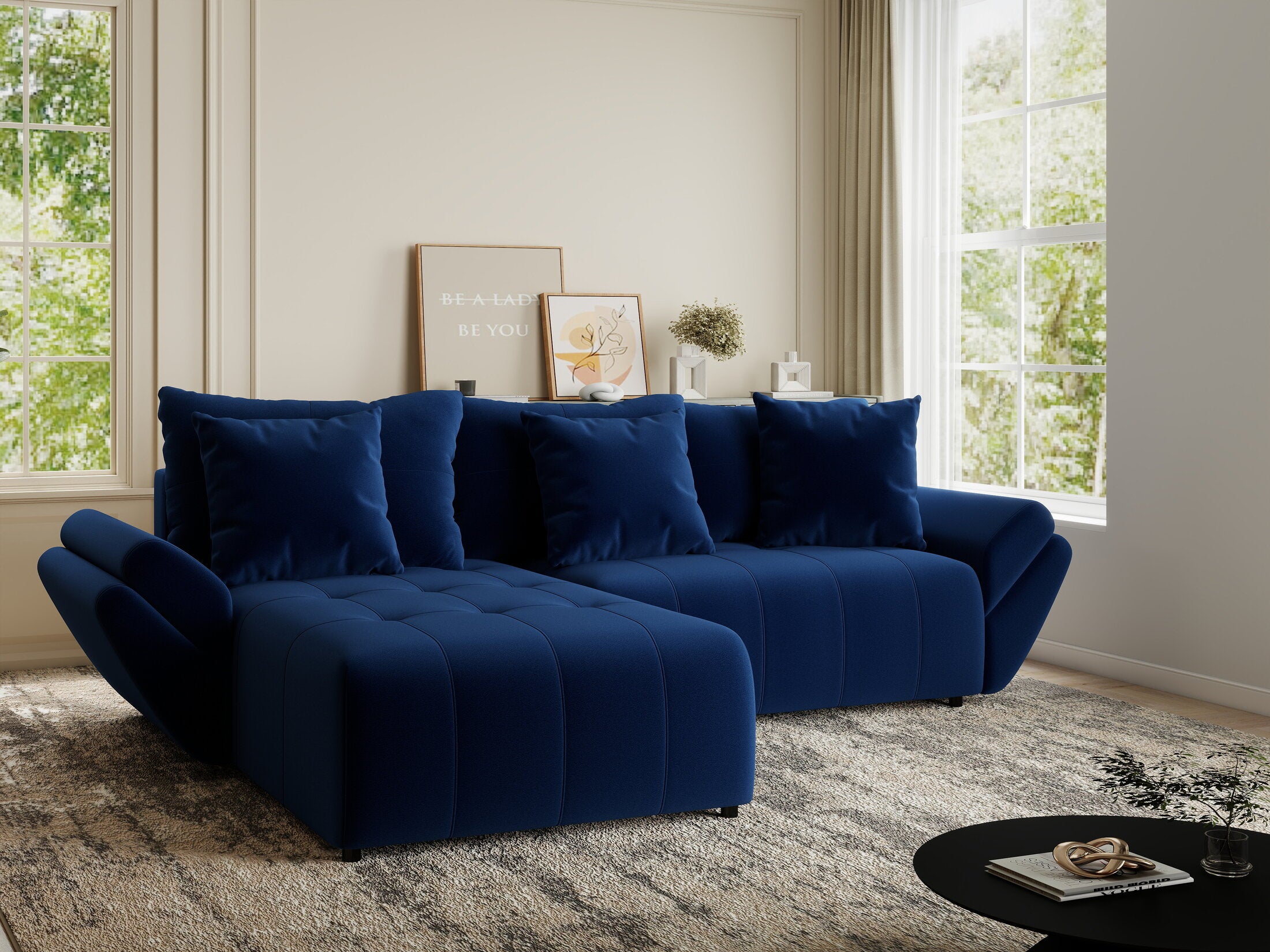 Colțar extensibil dumonde cu ladă de depozitare si sezut confortabil din spuma HR, Berlin Royal Albastru Navy 280x185 cm