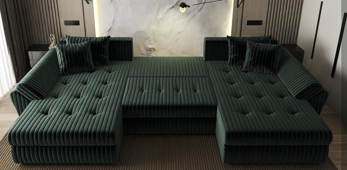 Colțar extensibil dumonde cu ladă de depozitare si sezut confortabil din spuma HR, Loana U Verde Ambience 355x185 cm Fabrica