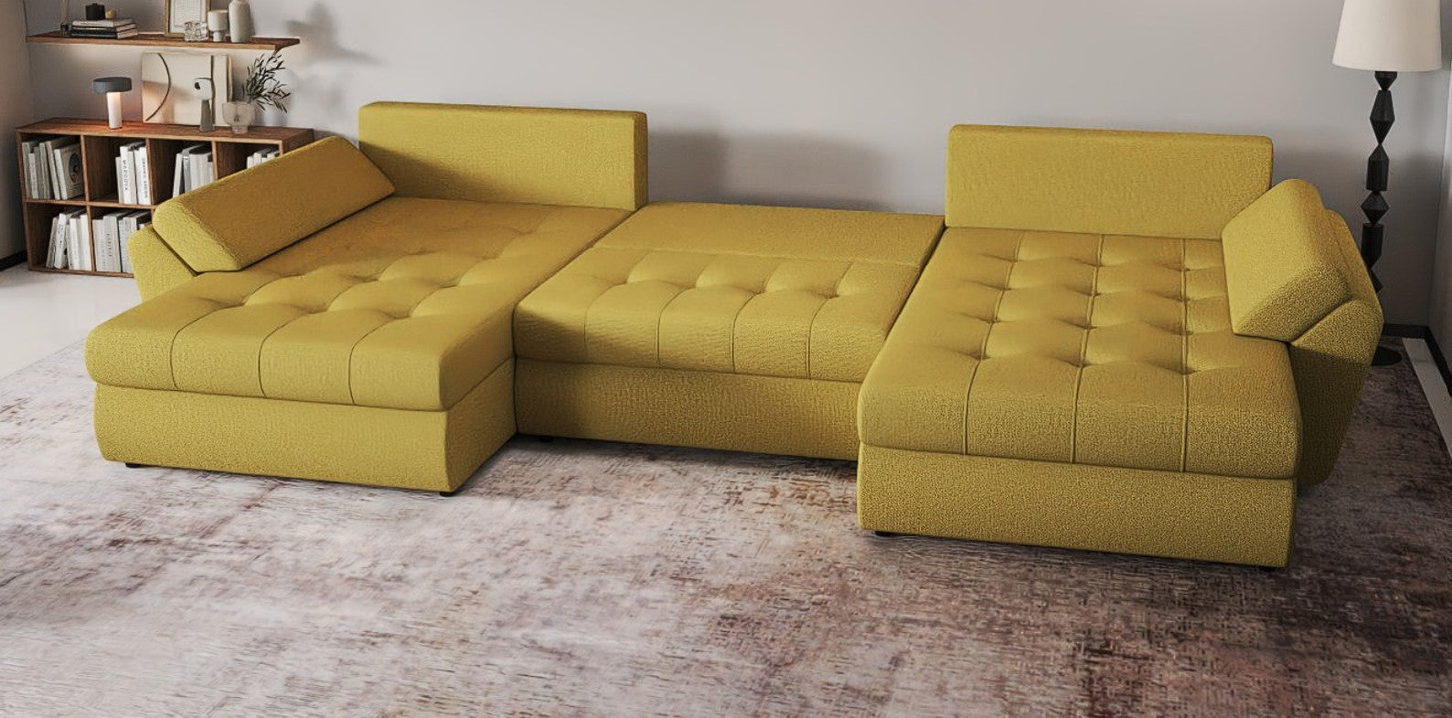 Colțar extensibil dumonde cu ladă de depozitare si sezut confortabil din spuma HR, Loana U Melon 355x185 cm Fabrica