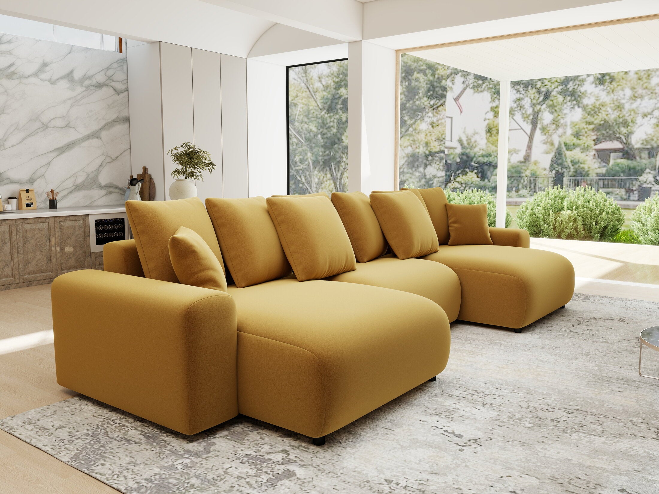 Colțar extensibil dumonde cu ladă de depozitare si sezut confortabil din spuma HR, Luma U Royal Mustar 336x140 cm