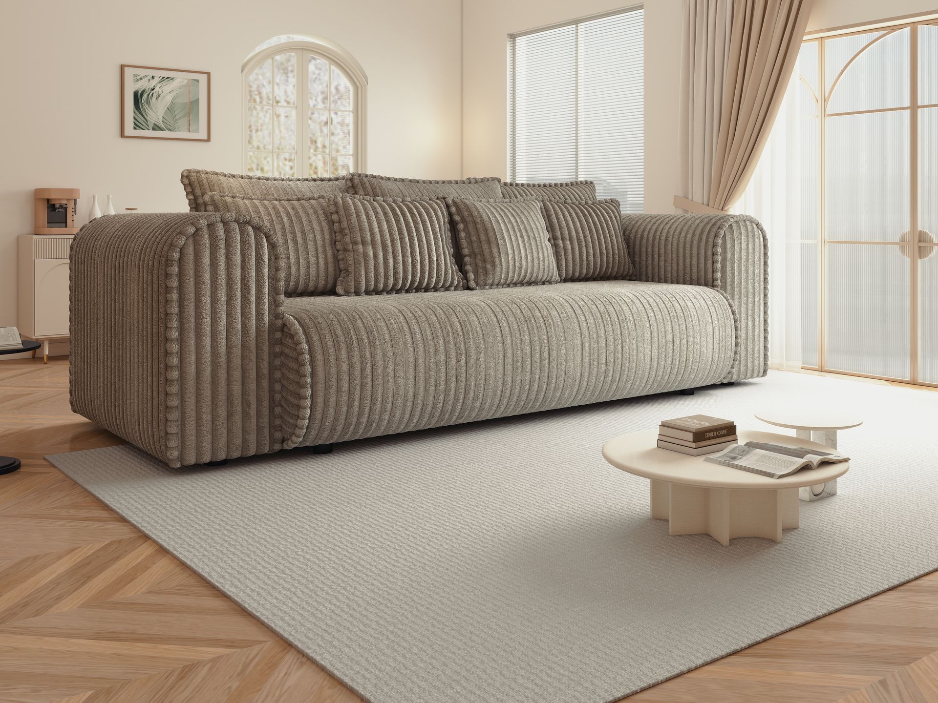 Canapea extensibilă dumonde cu ladă de depozitare si sezut confortabil din spuma high-density, Monaco Mica Tilia Capucino 240x100 cm