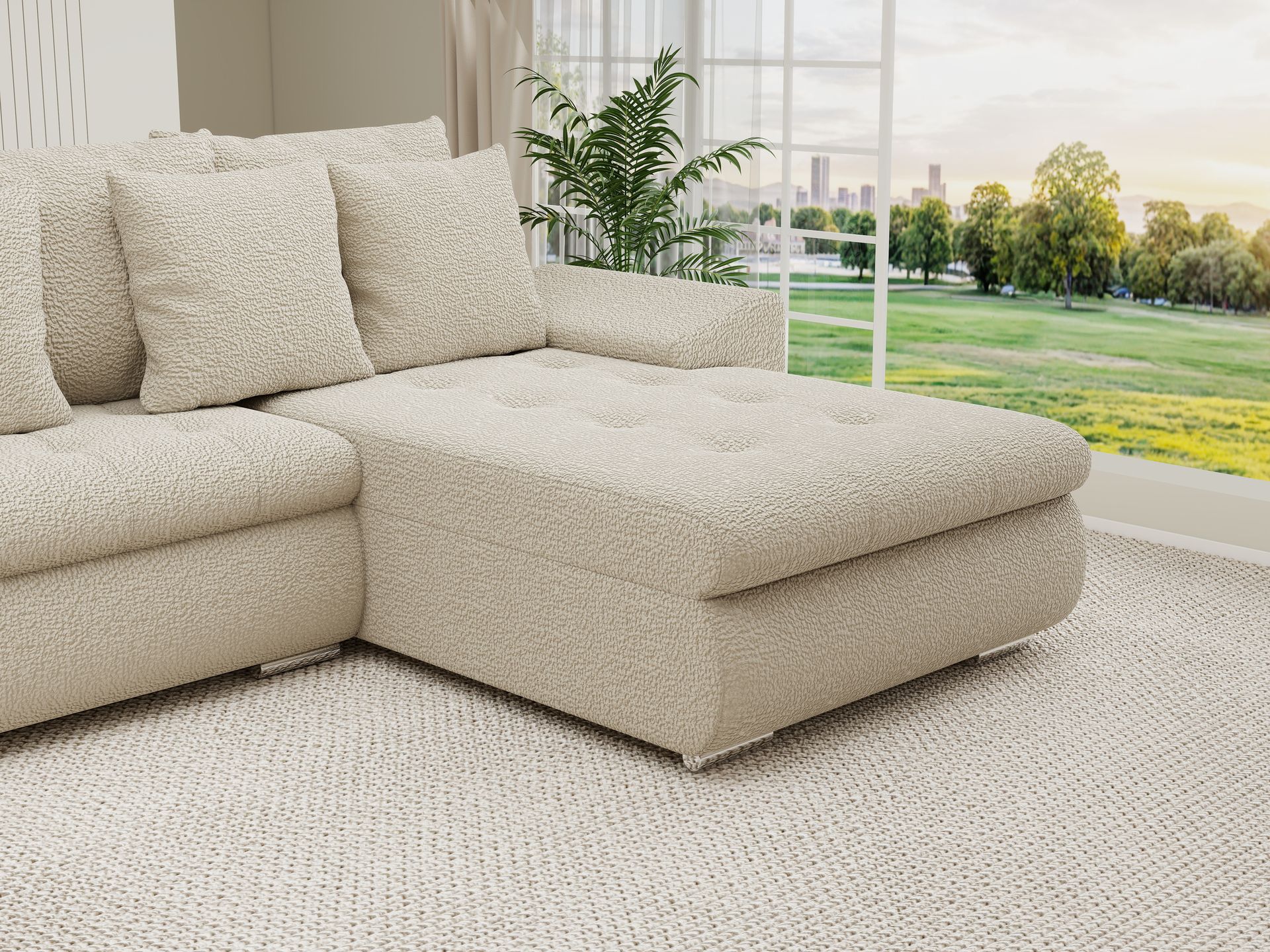 Colțar extensibil dumonde cu ladă de depozitare si sezut confortabil din spuma high-density, Leonardo U Jaguar Bej 04 360x185 cm