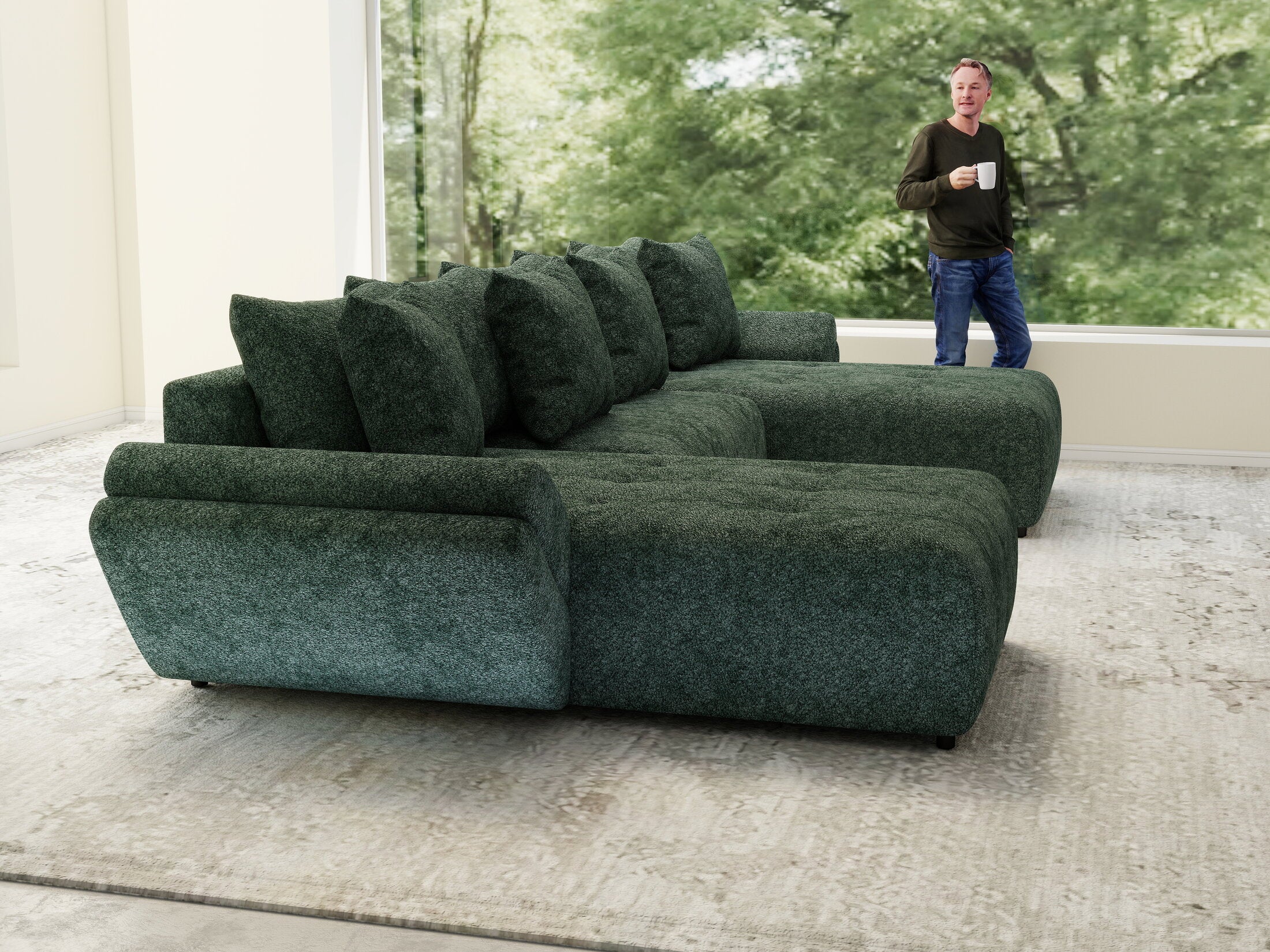 Colțar extensibil dumonde cu ladă de depozitare si sezut confortabil din spuma HR, Berlin U Euphoria Verde 380x180 cm