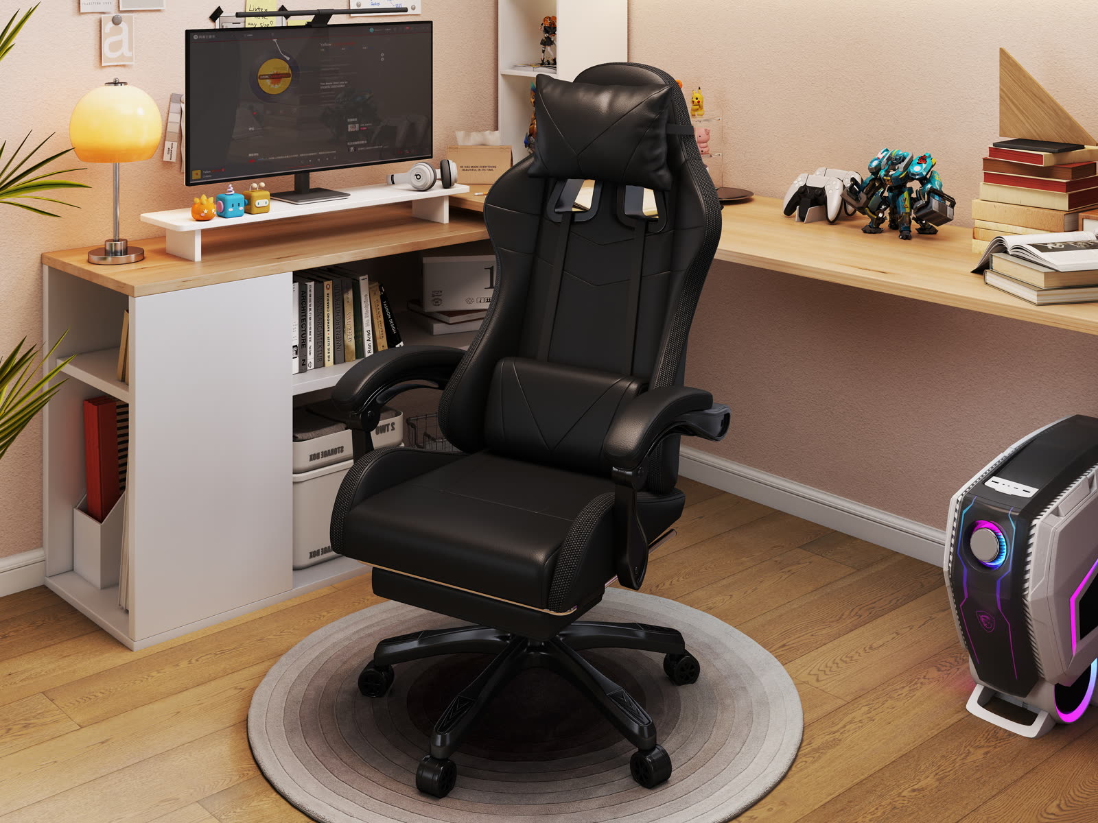 Scaun gaming Dumonde PULSE, LED, mecanism multifuncțional, ecopiele, suport picioare, negru