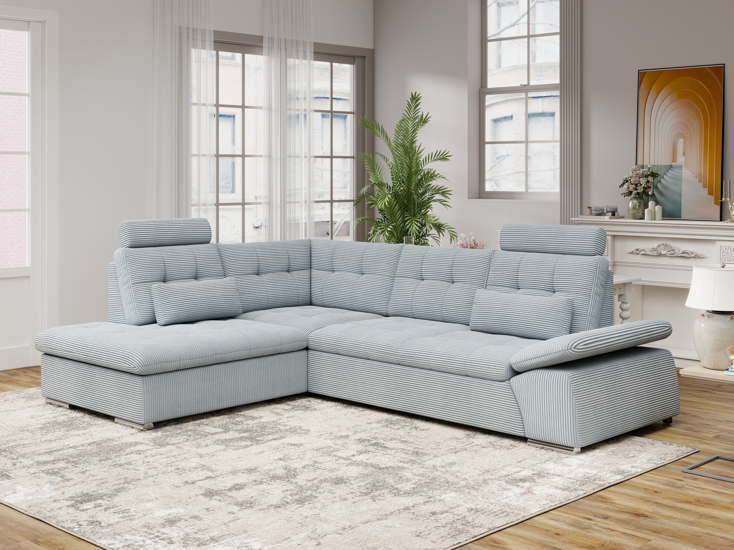 Colțar extensibil dumonde cu ladă de depozitare și șezut confortabil din spumă HR, Merkur XL Zoom Gri Mint 256x217 cm