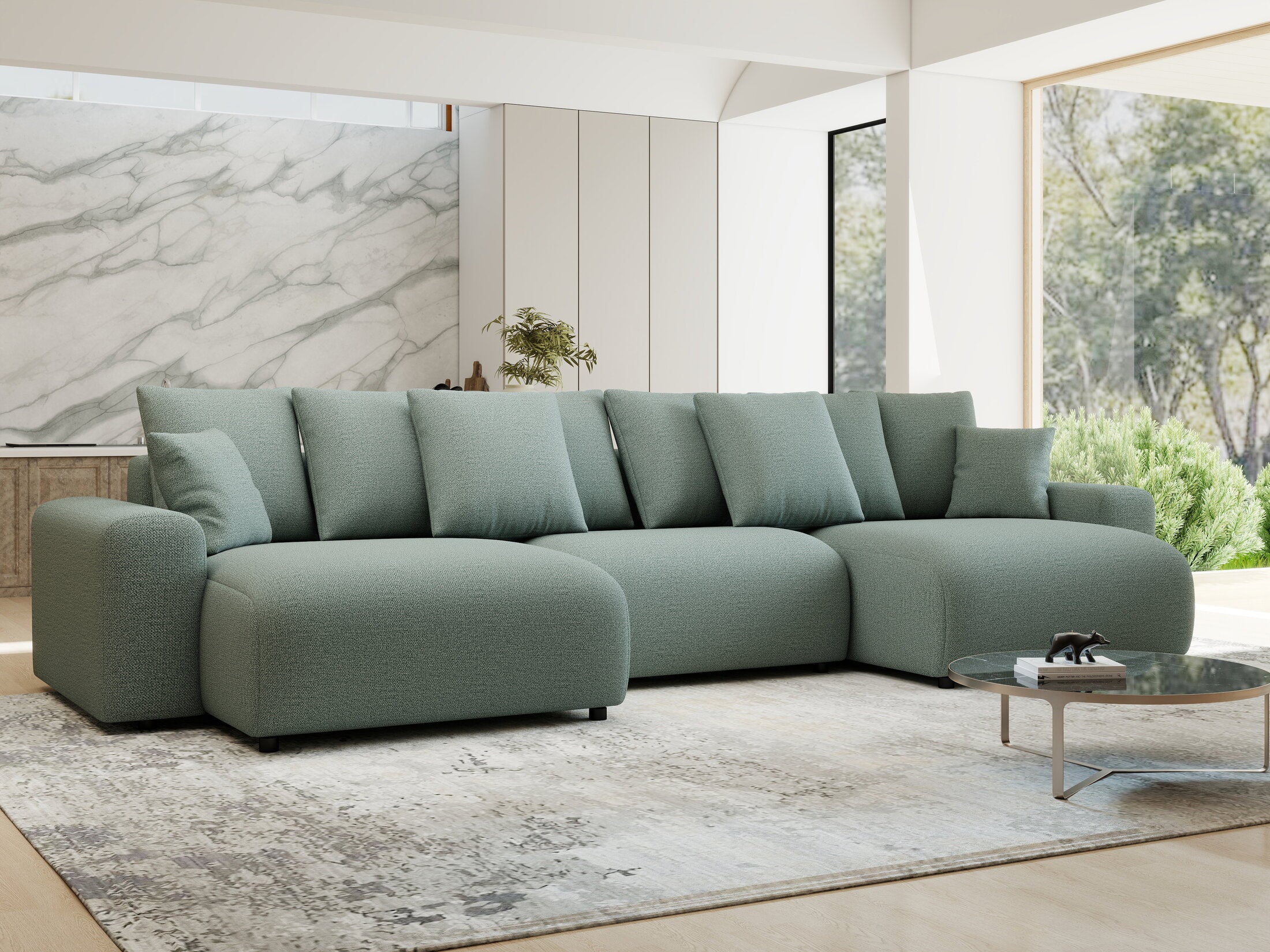 Colțar extensibil dumonde cu ladă de depozitare si sezut confortabil din spuma HR, Luma U Enjoy Verde Mint 336x140 cm