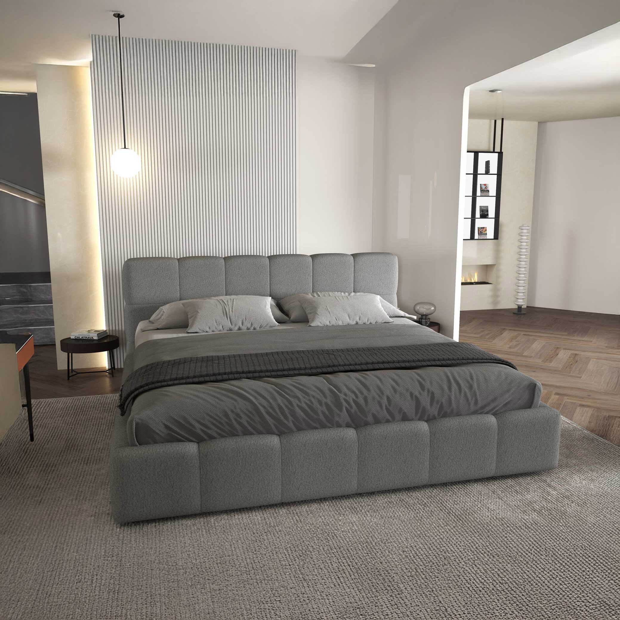 Pat dormitor dumonde, tapitat gri, Barcelona 160X200 cm, somiera rabatabila inclusa, spatiu depozitare