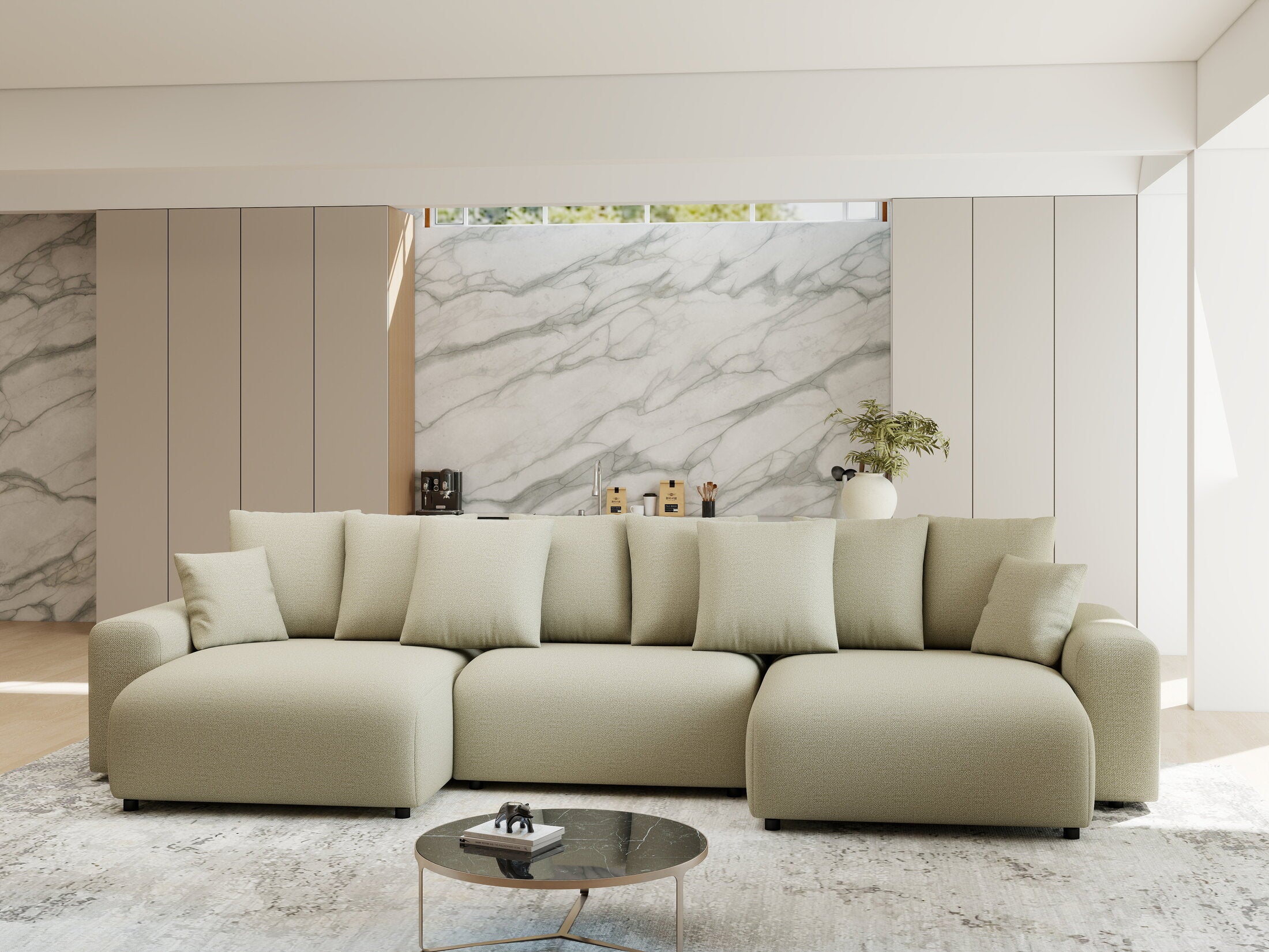 Colțar extensibil dumonde cu ladă de depozitare si sezut confortabil din spuma HR, Luma U Enjoy Bej 336x140 cm