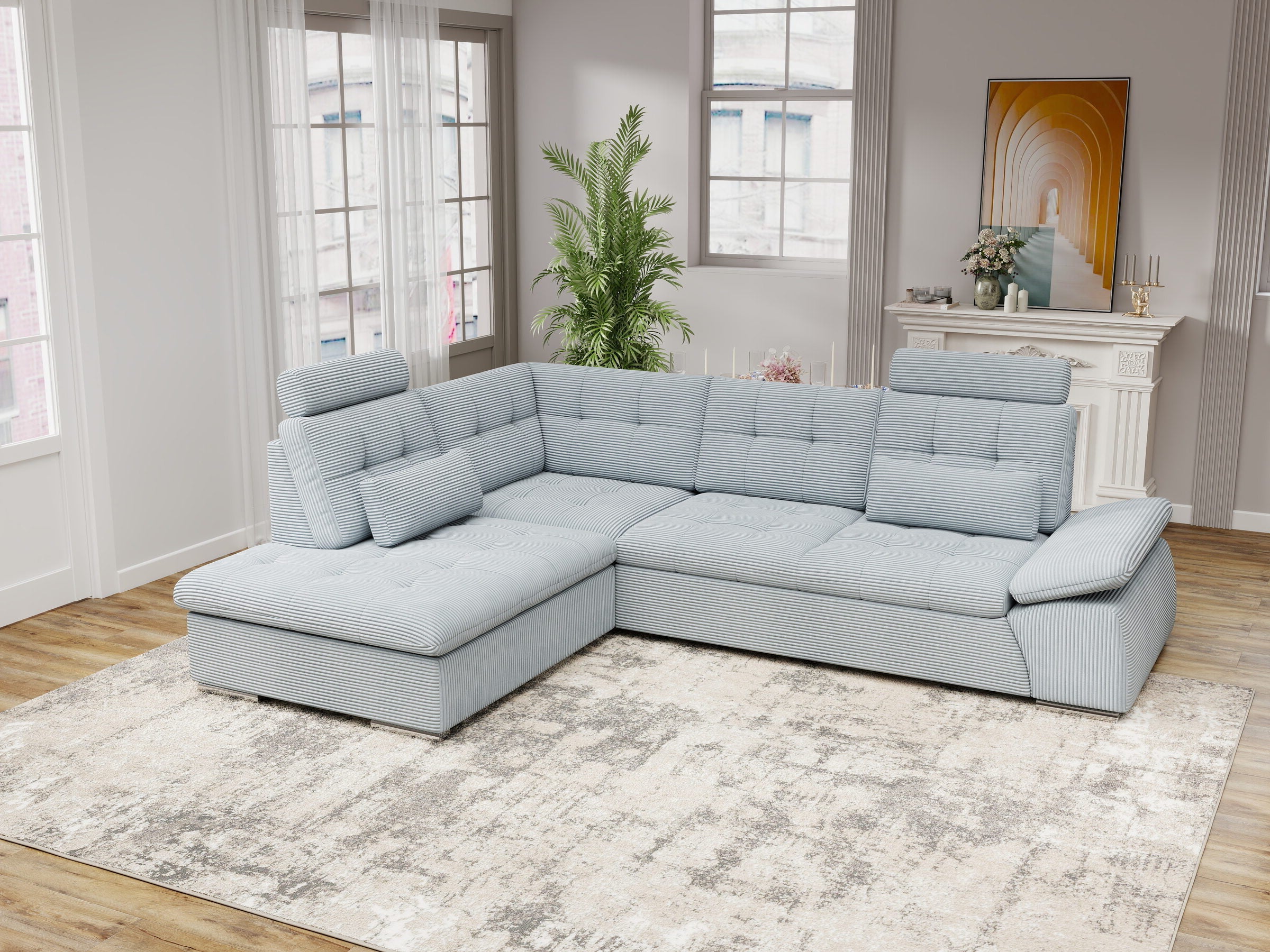 Colțar extensibil dumonde cu ladă de depozitare și șezut confortabil din spumă HR, Merkur XL Zoom Gri Mint 256x217 cm