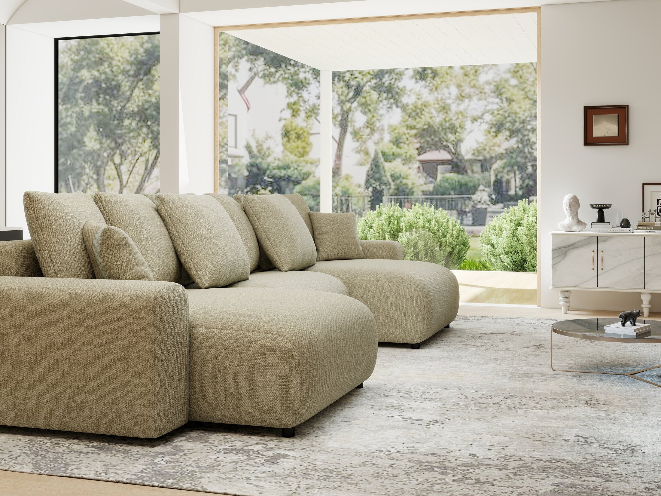 Colțar extensibil dumonde cu ladă de depozitare si sezut confortabil din spuma HR, Luma U Enjoy Bej 336x140 cm