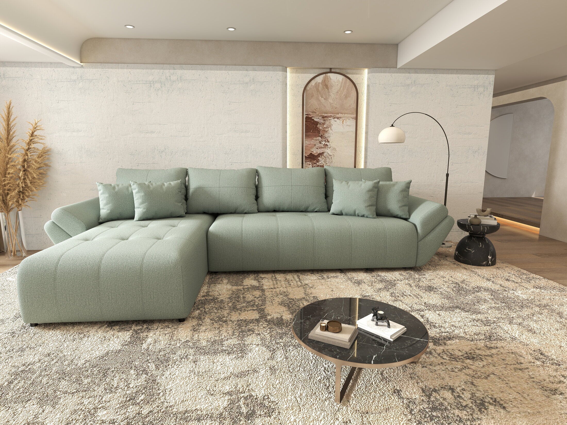 Colțar extensibil dumonde cu ladă de depozitare si sezut confortabil din spuma HR, Berlin XL Enjoy Mint 350x185 cm