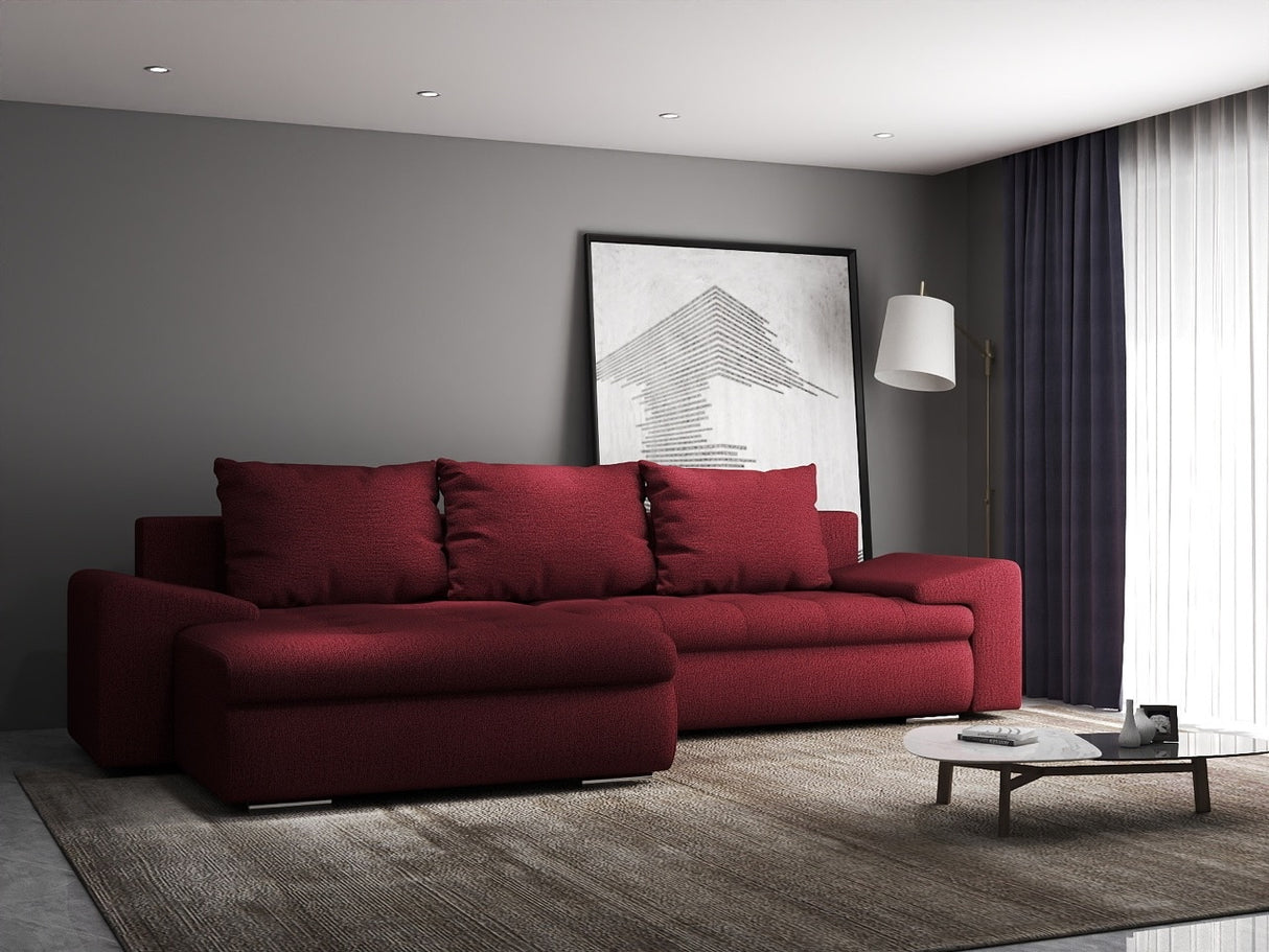 Colțar extensibil dumonde cu ladă de depozitare si sezut confortabil din spuma HR, Leonardo Enjoy Rosu 255x193 cm