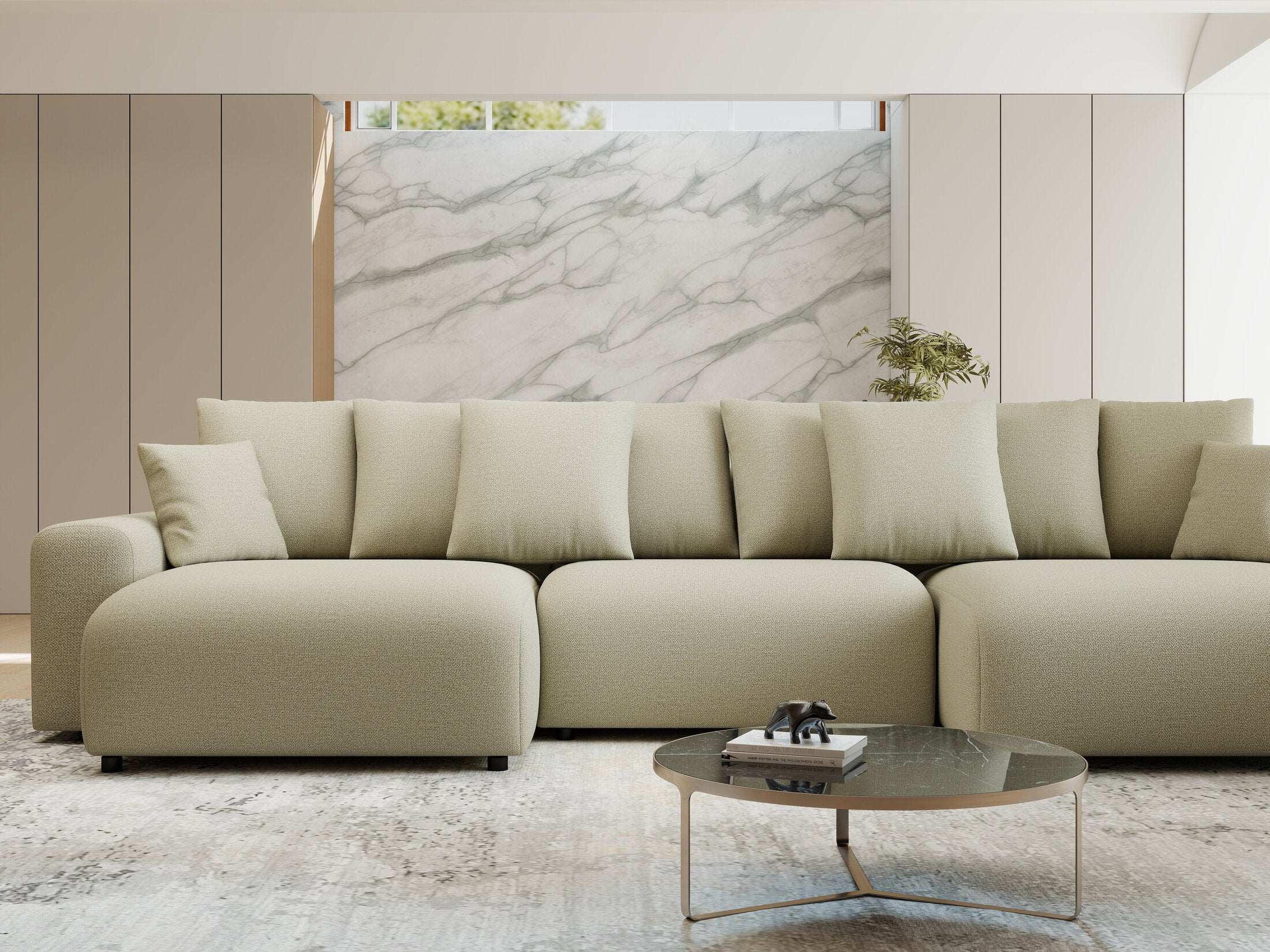 Colțar extensibil dumonde cu ladă de depozitare si sezut confortabil din spuma HR, Luma U Enjoy Bej 336x140 cm