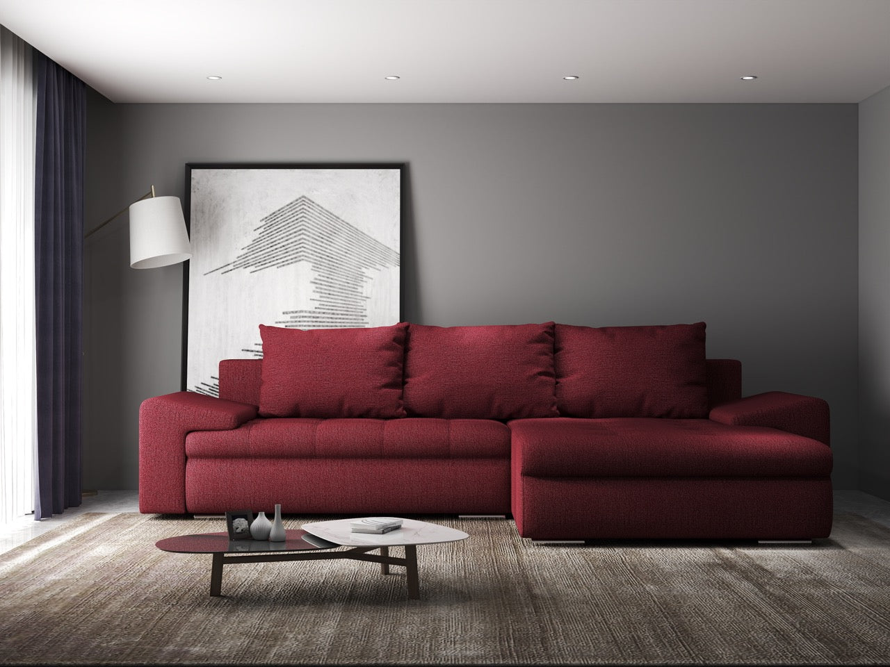Colțar extensibil dumonde cu ladă de depozitare si sezut confortabil din spuma HR, Leonardo Enjoy Rosu 255x193 cm II Fabrica