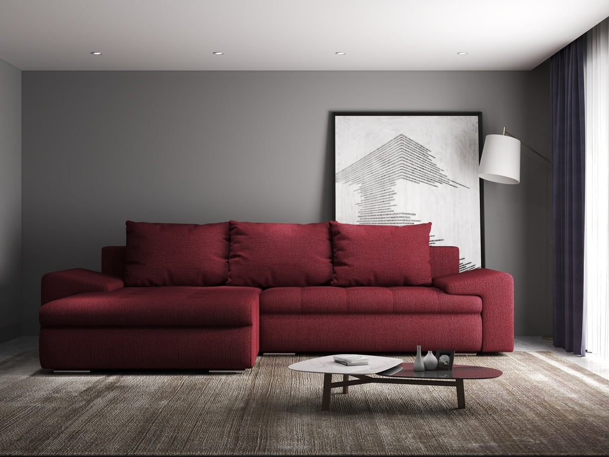 Colțar extensibil dumonde cu ladă de depozitare si sezut confortabil din spuma HR, Leonardo Enjoy Rosu 255x193 cm