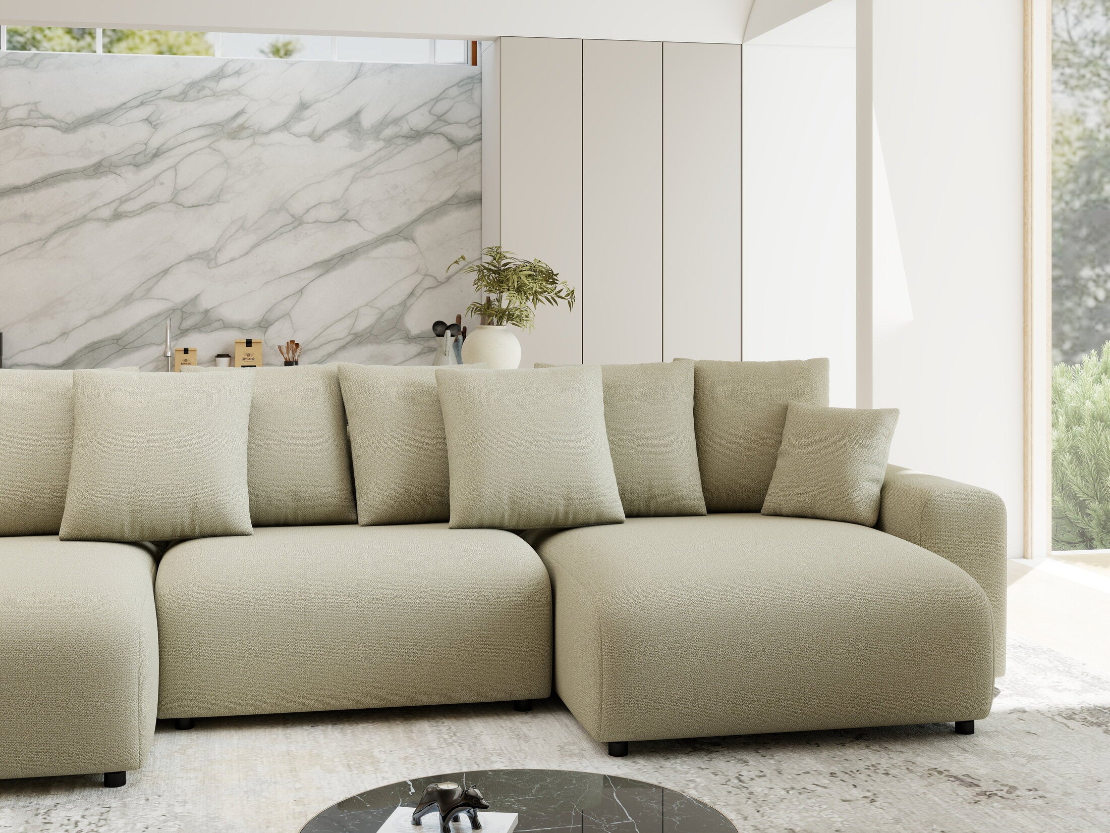 Colțar extensibil dumonde cu ladă de depozitare si sezut confortabil din spuma HR, Luma U Enjoy Bej 336x140 cm