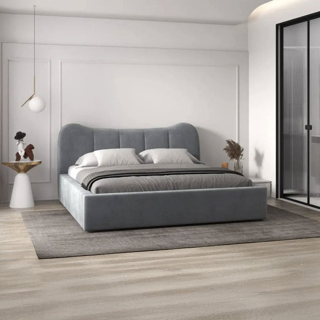 Pat dormitor tapitat gri, Albani 160x200 cm, somiera rabatabila inclusa, spatiu depozitare ULK