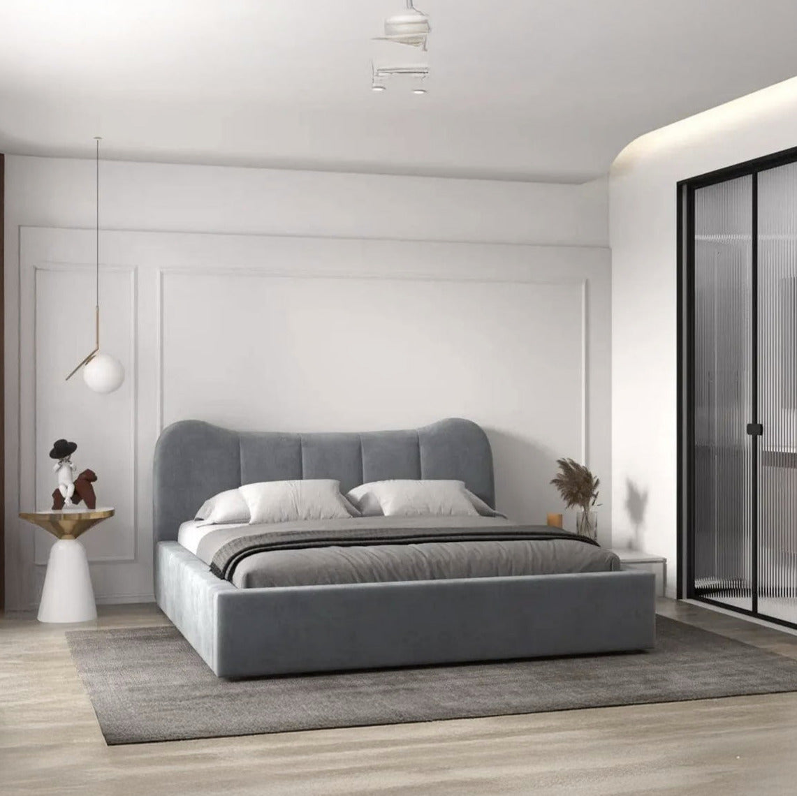 Pat dormitor tapitat gri, Albani 160x200 cm, somiera rabatabila inclusa, spatiu depozitare ULK