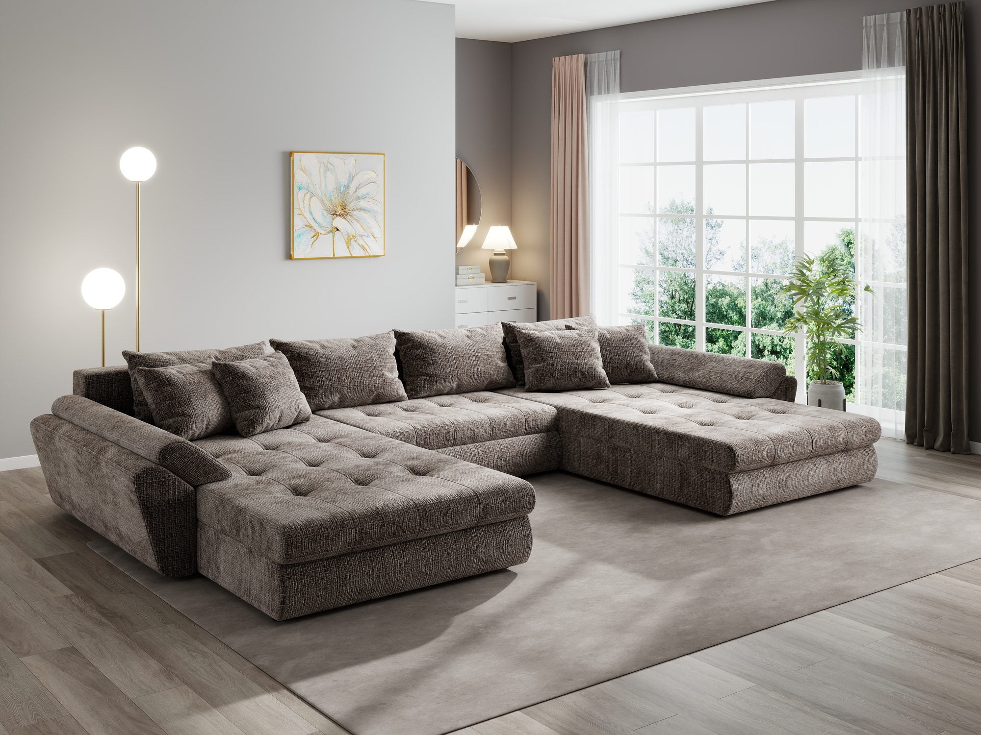 Colțar extensibil dumonde cu ladă de depozitare si sezut confortabil din spuma high-density, Loana U Cremona Maro-bej 24 355x185 cm