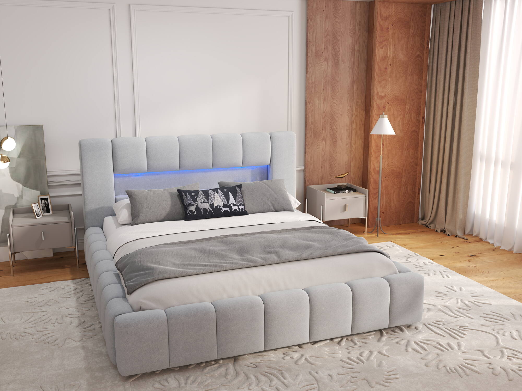 Pat dormitor dumonde, tapitat bej, Palermo 180X200 cm, somiera rabatabila inclusa, spatiu depozitare