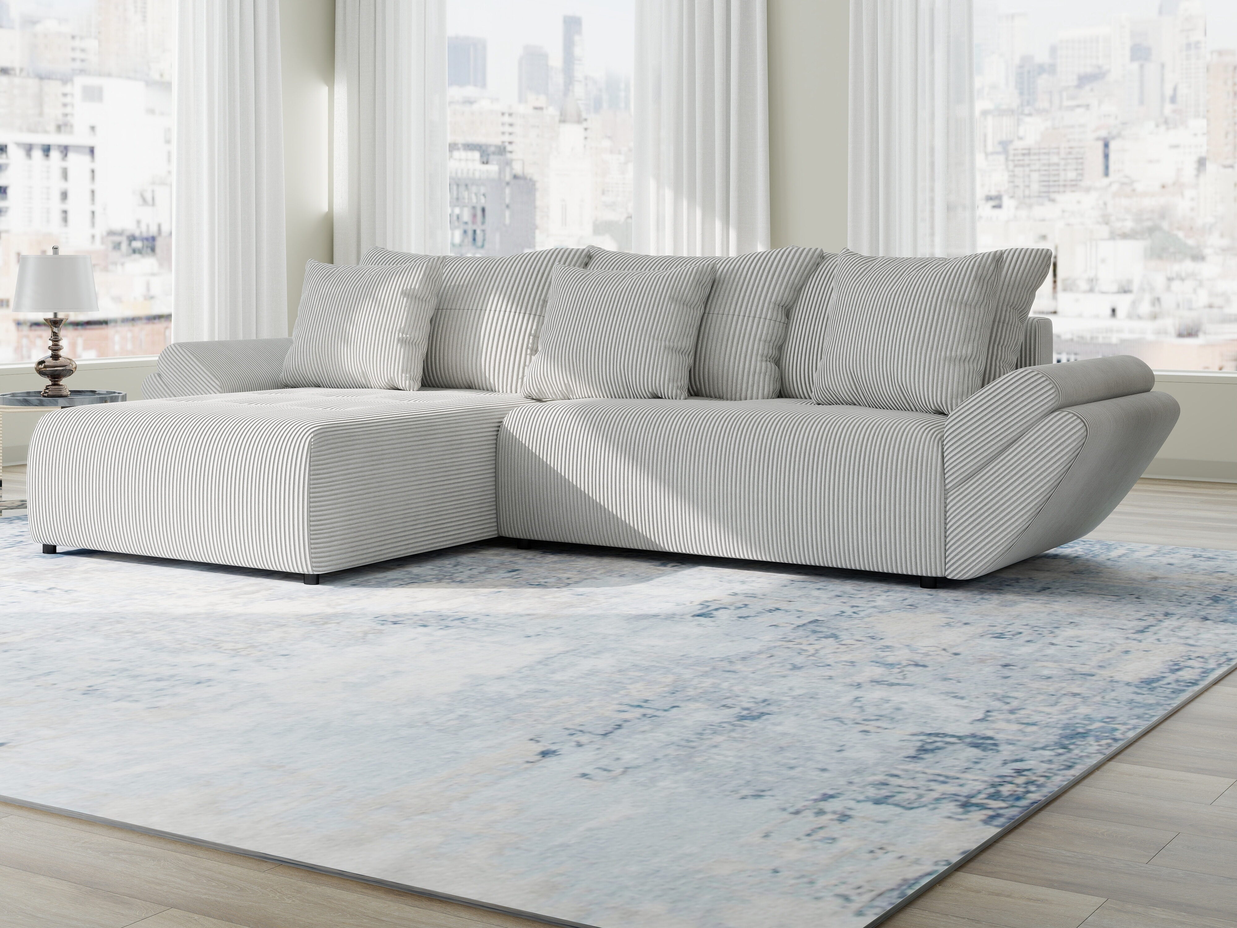 Colțar extensibil dumonde cu ladă de depozitare si sezut confortabil din spuma HR, Berlin Zoom Gri 280x185 cm