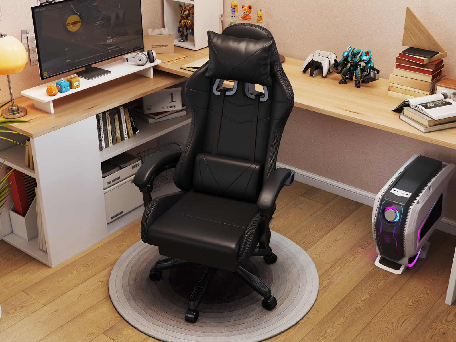 Scaun gaming Dumonde PULSE, LED, mecanism multifuncțional, ecopiele, suport picioare, negru