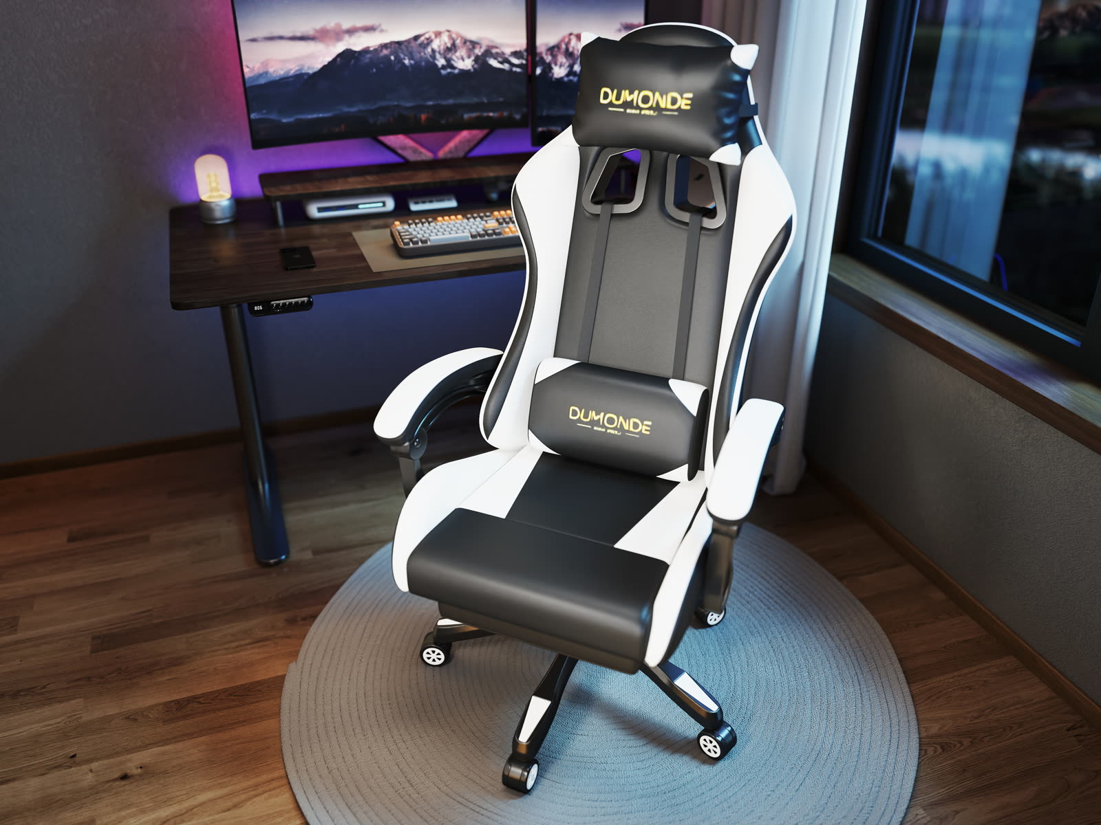 Scaun gaming Dumonde NIGHTFAL, mecanism multifuncțional, ecopiele, suport picioare, alb/negru