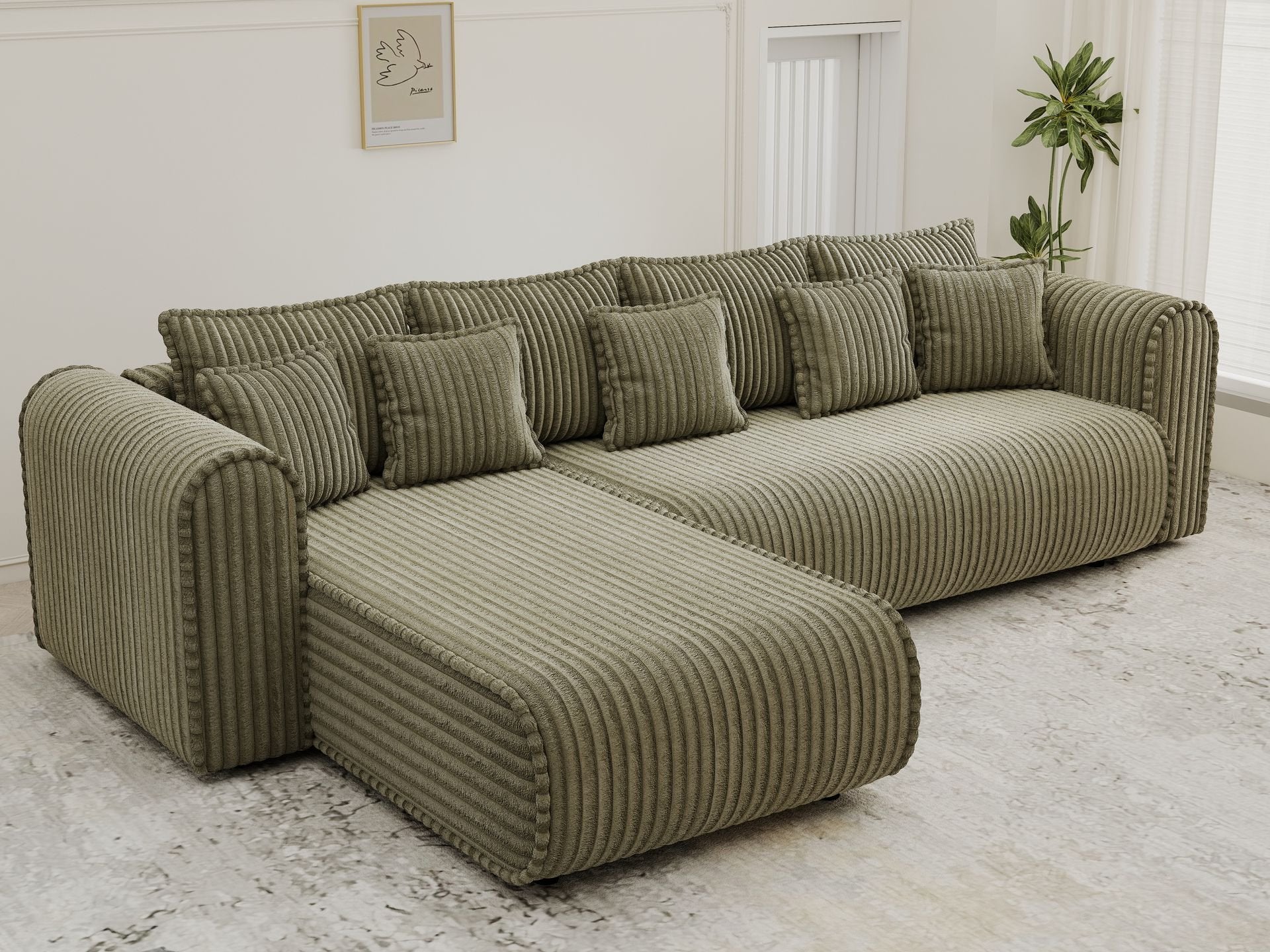 Colțar extensibil dumonde cu ladă de depozitare si sezut confortabil din spuma high-density, Monaco XL Tilia Olive 340x185 cm