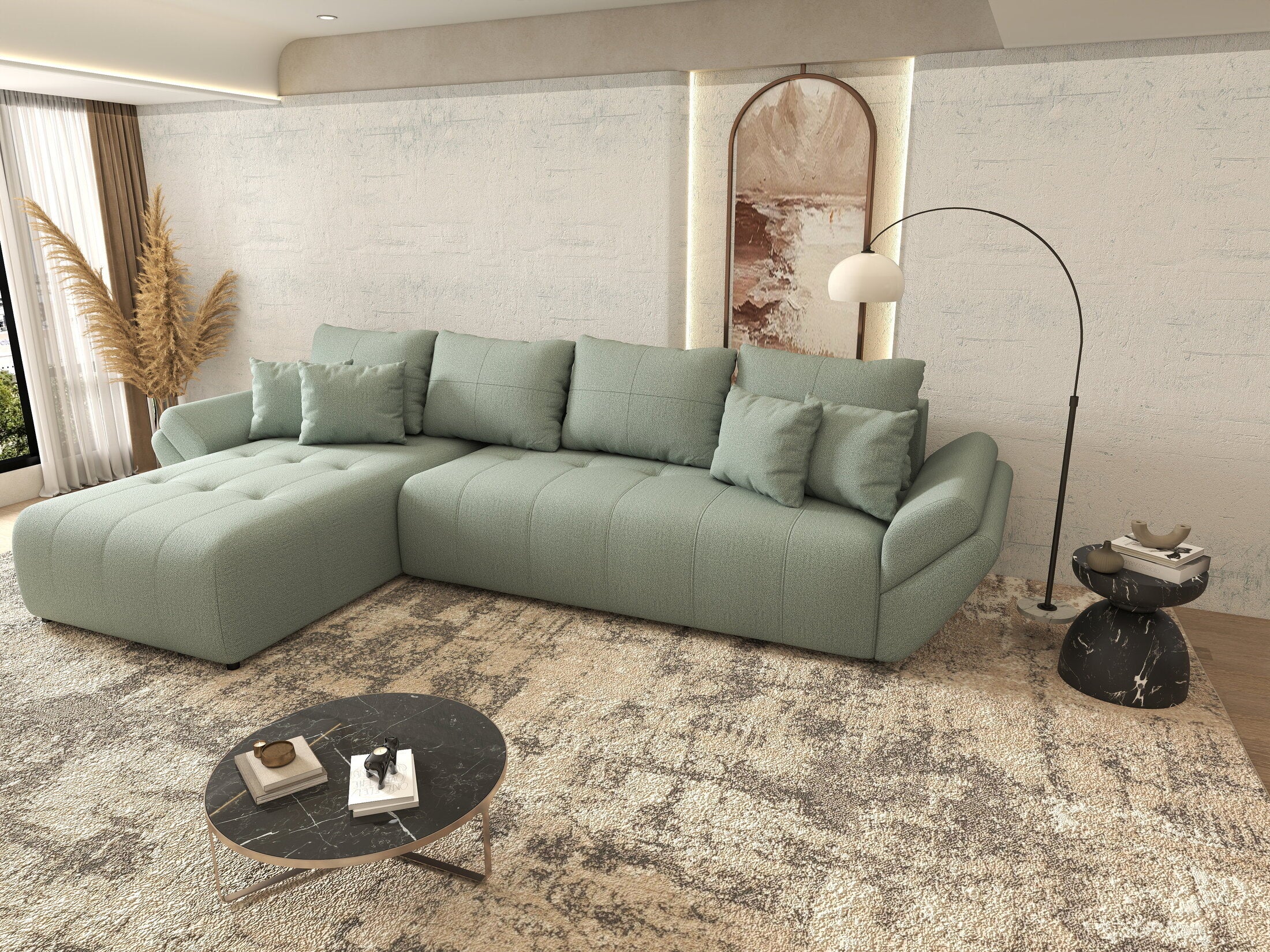 Colțar extensibil dumonde cu ladă de depozitare si sezut confortabil din spuma HR, Berlin XL Enjoy Mint 350x185 cm