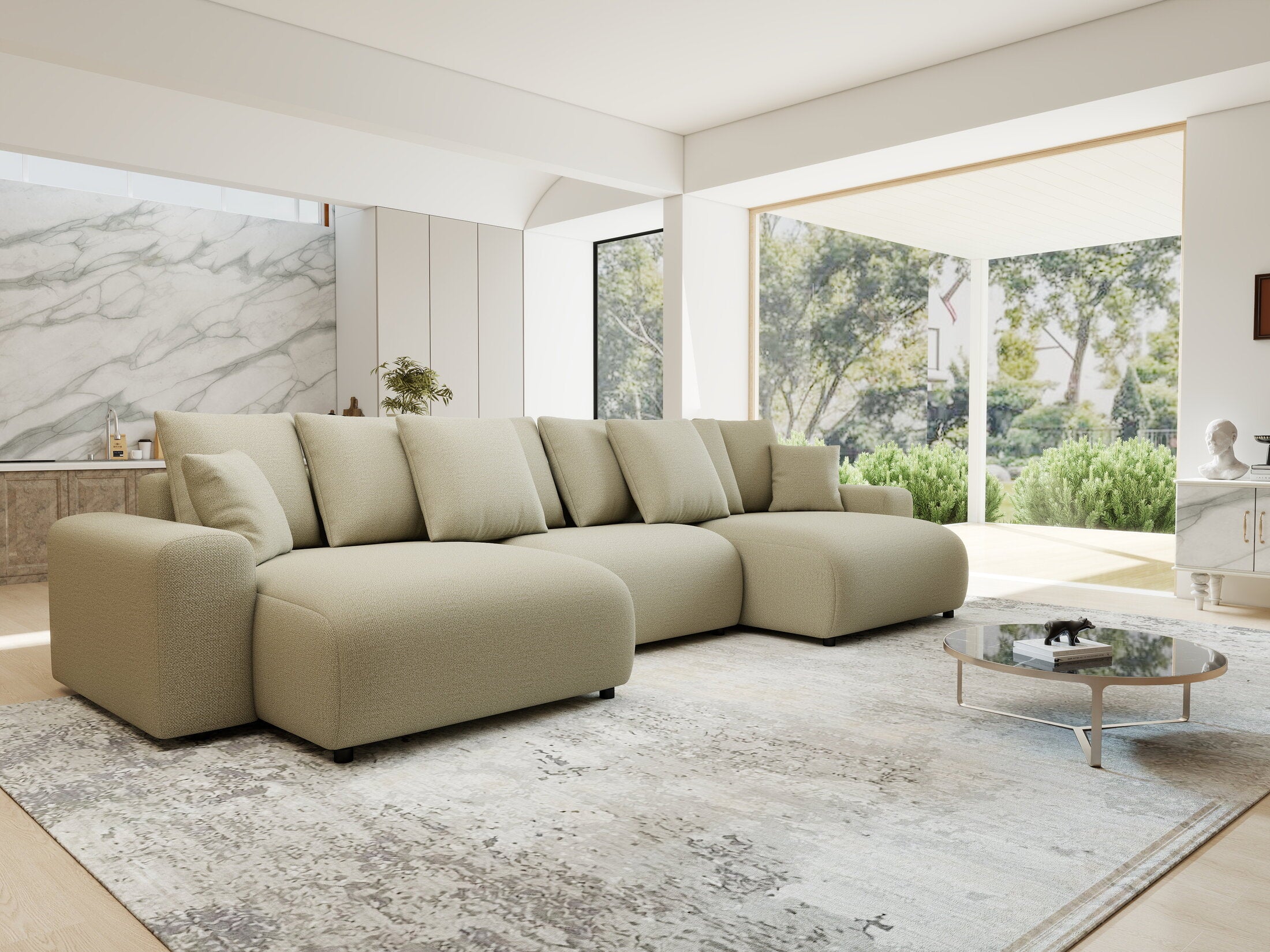 Colțar extensibil dumonde cu ladă de depozitare si sezut confortabil din spuma HR, Luma U Enjoy Bej 336x140 cm