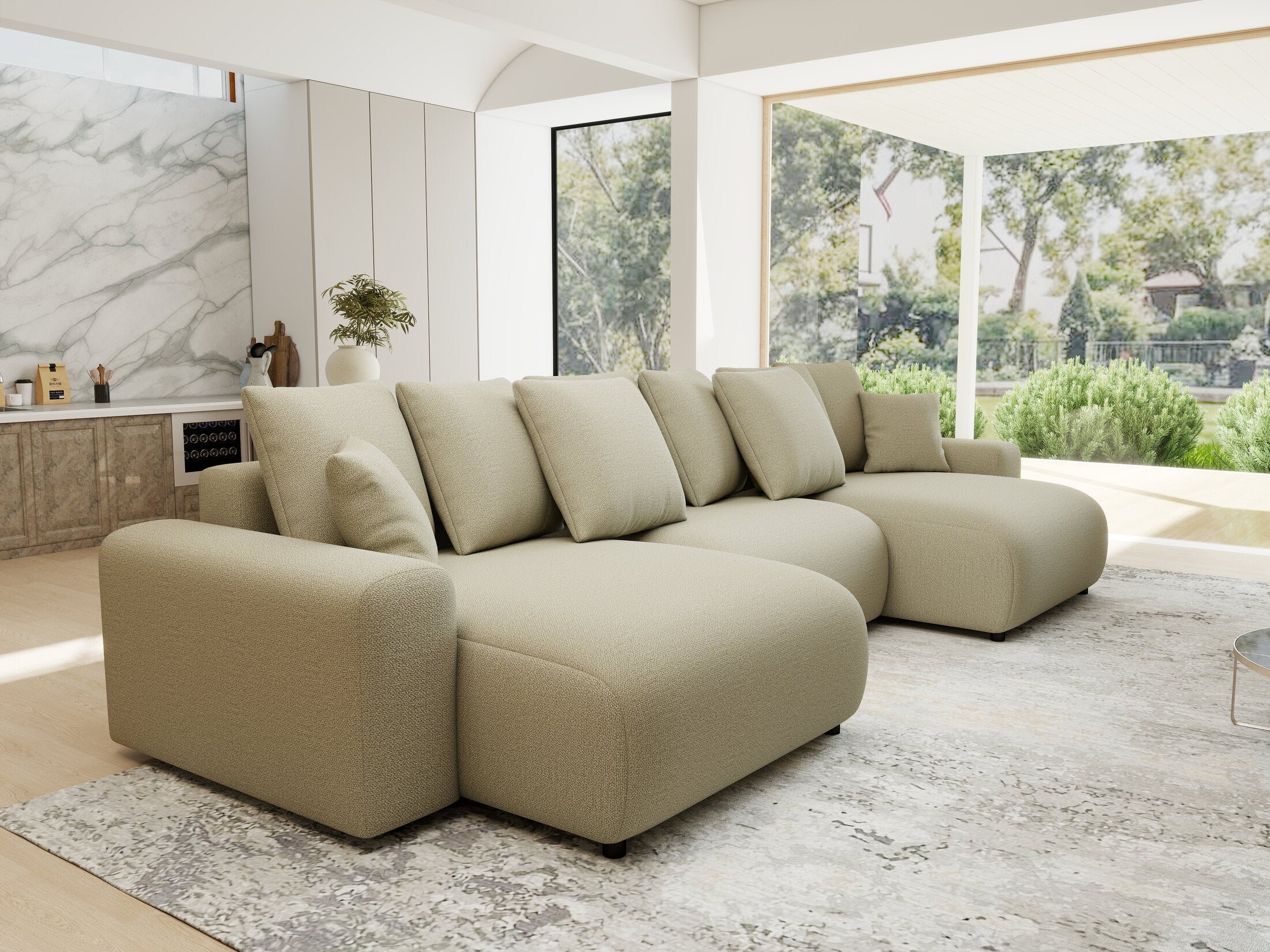 Colțar extensibil dumonde cu ladă de depozitare si sezut confortabil din spuma HR, Luma U Enjoy Bej 336x140 cm