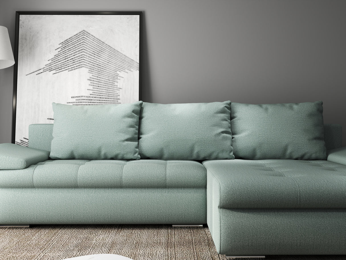 Colțar extensibil dumonde cu ladă de depozitare si sezut confortabil din spuma HR, Leonardo Enjoy Verde Mint 255x193 cm II