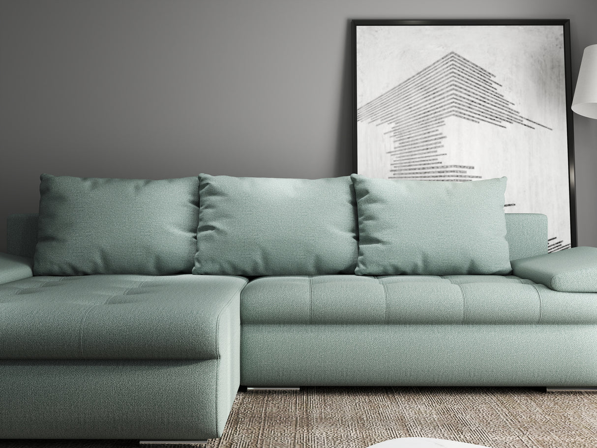Colțar extensibil dumonde cu ladă de depozitare si sezut confortabil din spuma HR, Leonardo Enjoy Verde Mint 255x193 cm