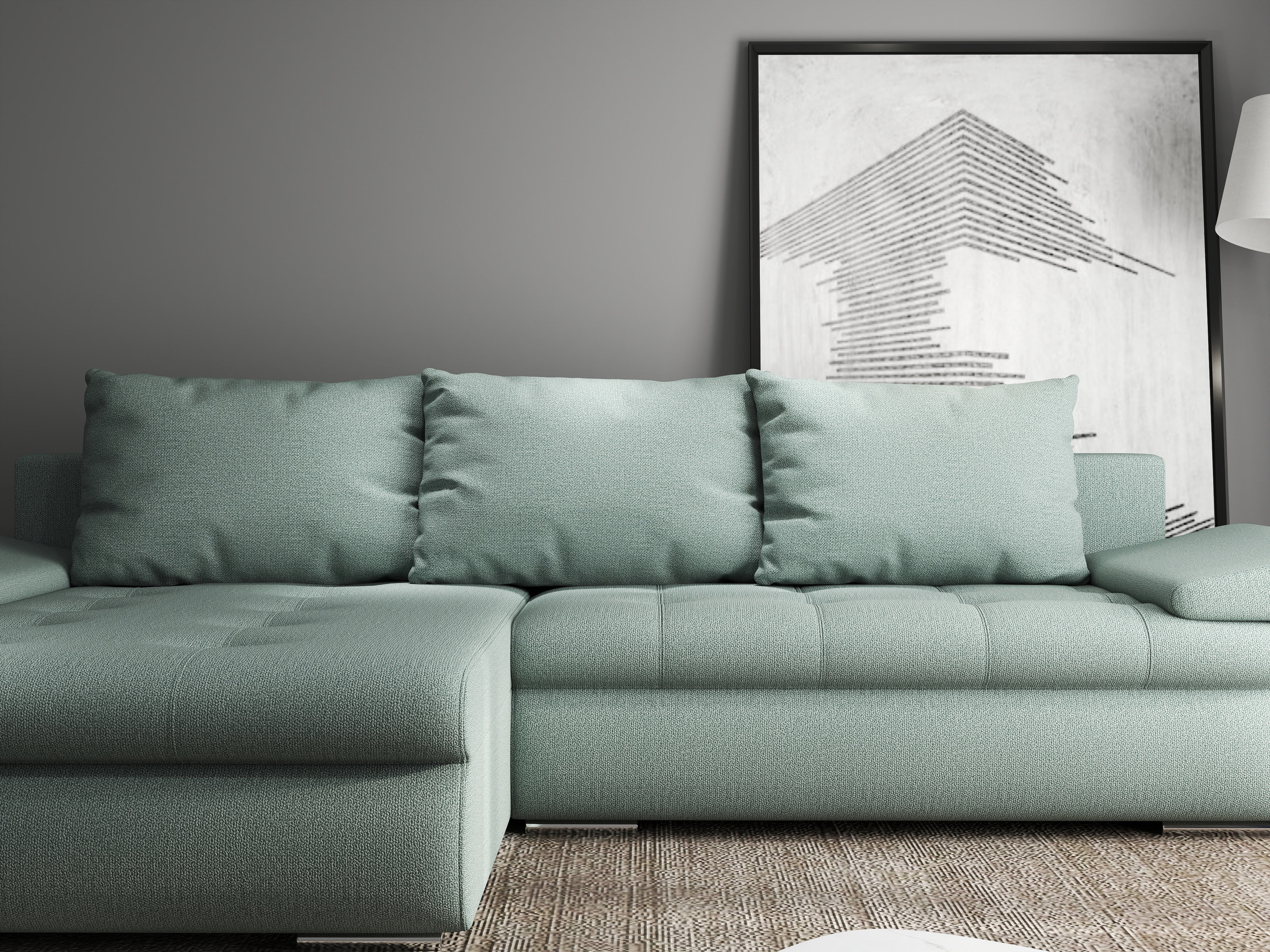 Colțar extensibil dumonde cu ladă de depozitare si sezut confortabil din spuma HR, Leonardo Enjoy Verde Mint 255x193 cm Fabrica