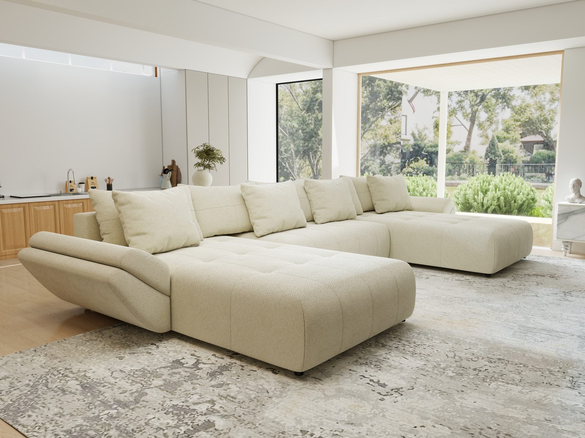 Colțar extensibil dumonde cu ladă de depozitare si sezut confortabil din spuma high-density, Berlin U Quelle Bej 02 380x180 cm