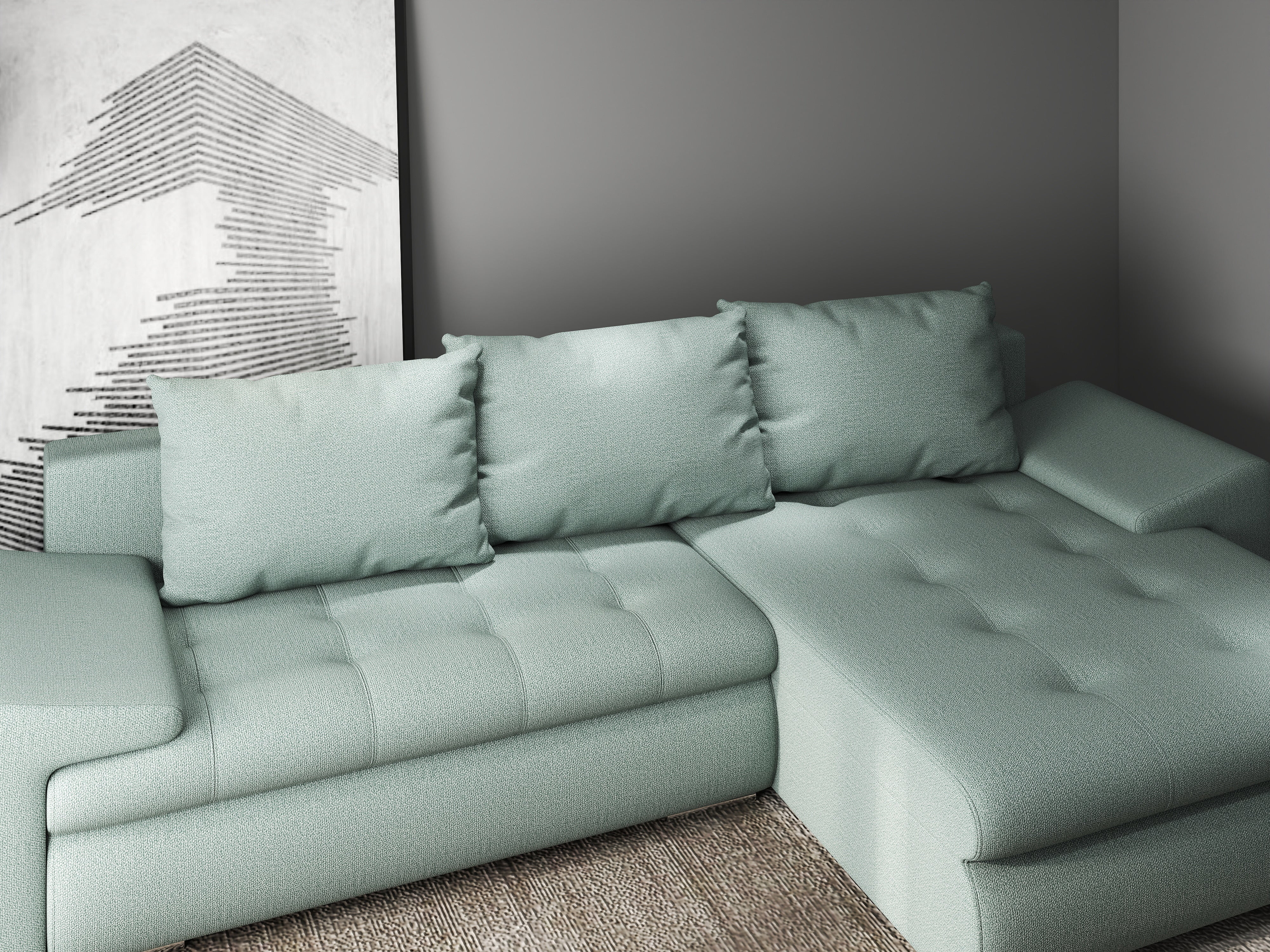 Colțar extensibil dumonde cu ladă de depozitare si sezut confortabil din spuma HR, Leonardo Enjoy Verde Mint 255x193 cm II Fabrica