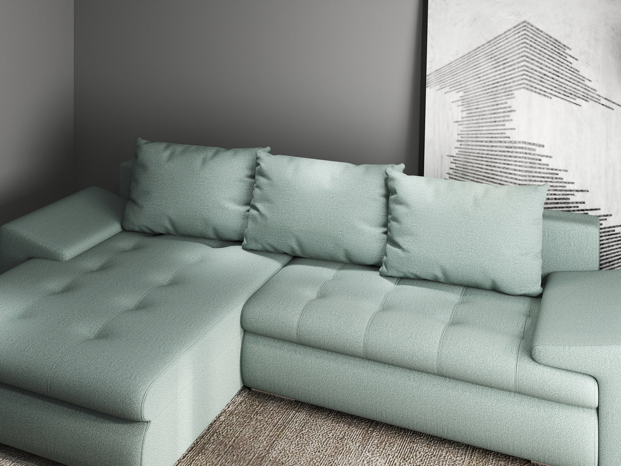 Colțar extensibil dumonde cu ladă de depozitare si sezut confortabil din spuma HR, Leonardo Enjoy Verde Mint 255x193 cm